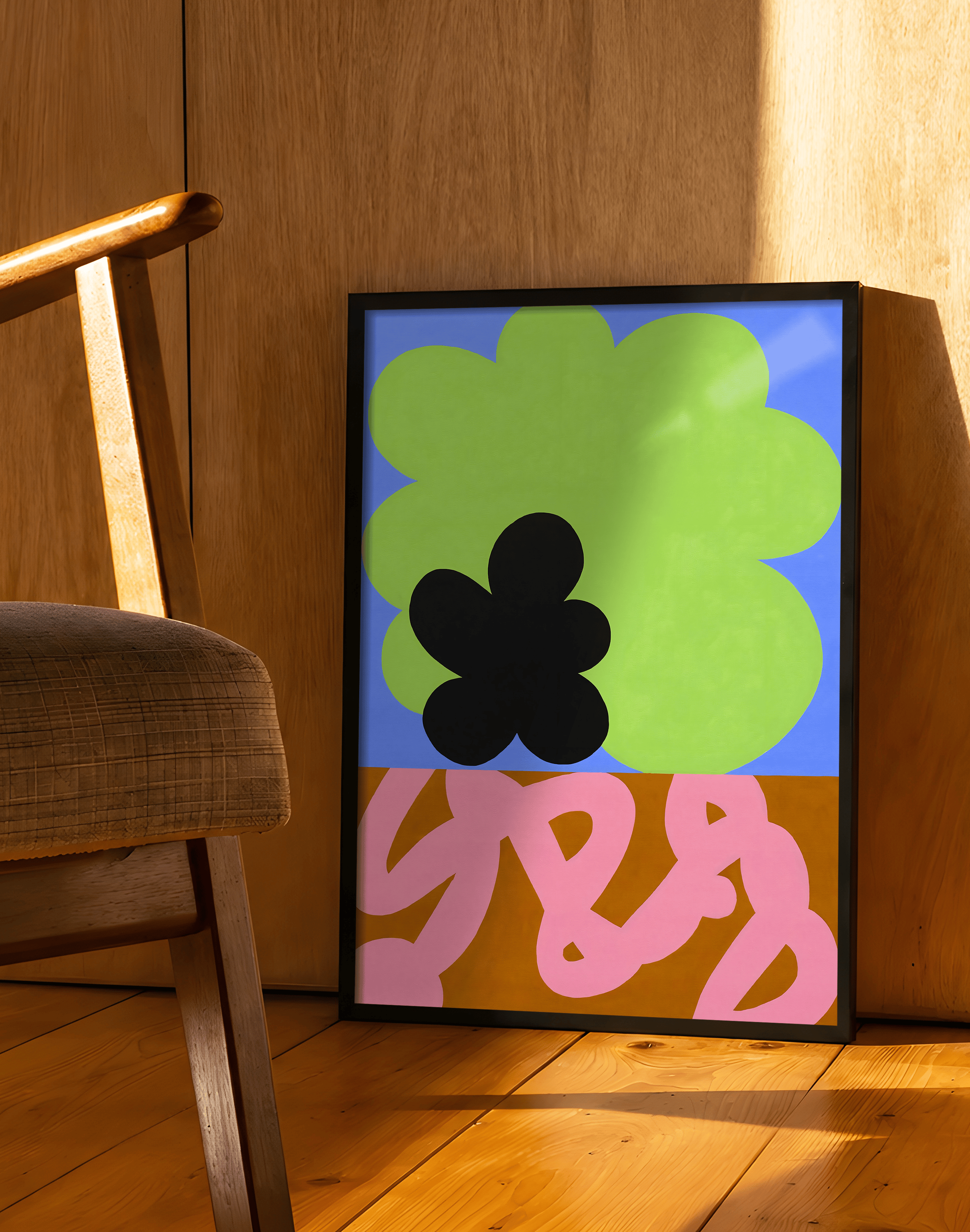 Neon Bloom Modern Duvar Tablosu – Mavi Yeşil Abstract Çiçek Poster