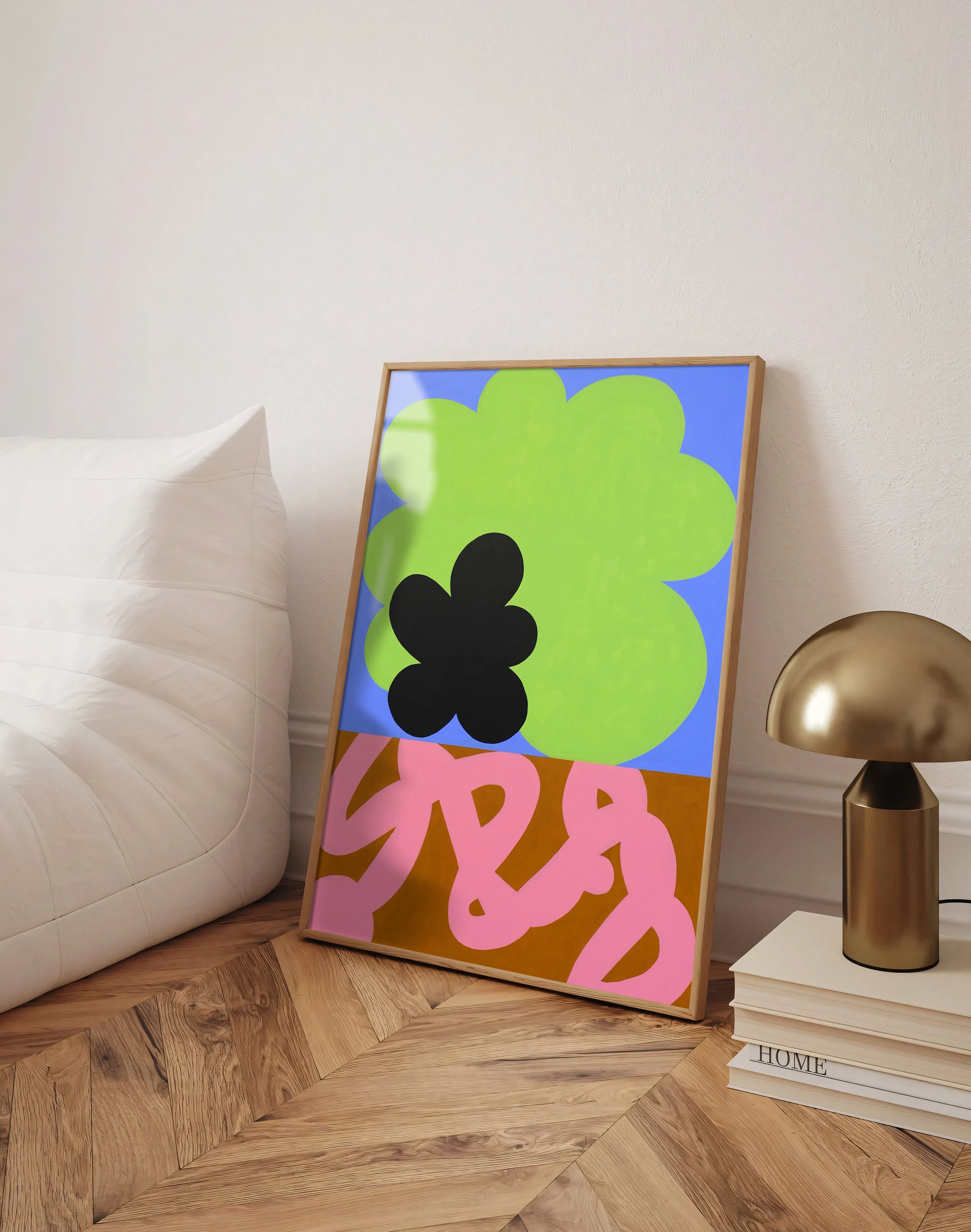 Neon Bloom Modern Duvar Tablosu – Mavi Yeşil Abstract Çiçek Poster