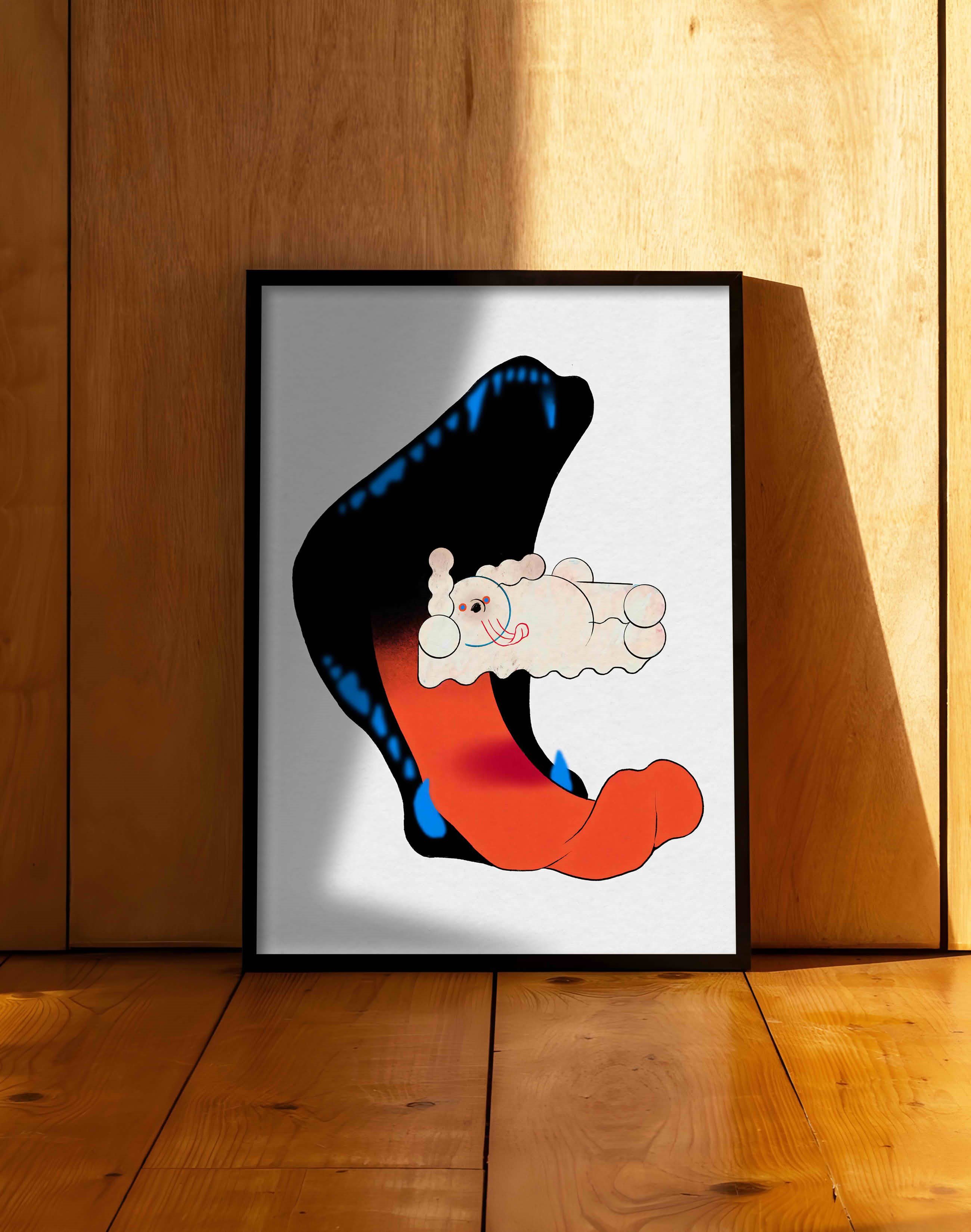 Neon Embrace Modern Duvar Tablosu - Siyah Turuncu Sürreal Figüratif Poster