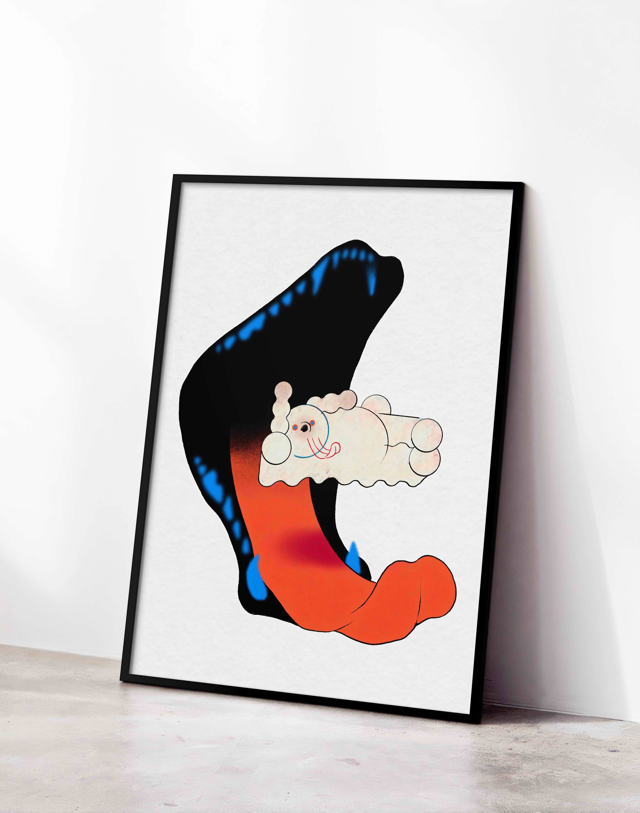 Neon Embrace Modern Duvar Tablosu - Siyah Turuncu Sürreal Figüratif Poster