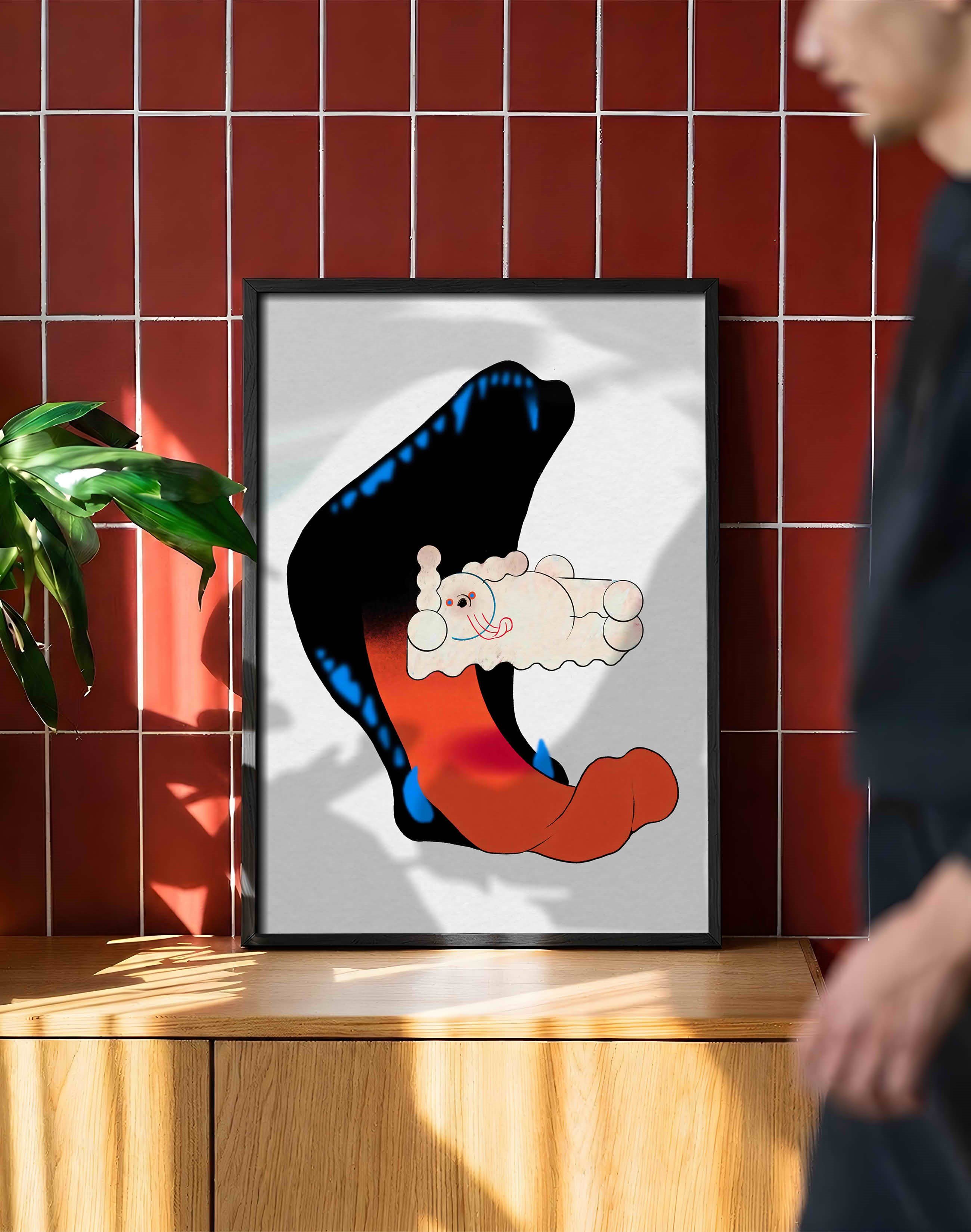 Neon Embrace Modern Duvar Tablosu - Siyah Turuncu Sürreal Figüratif Poster