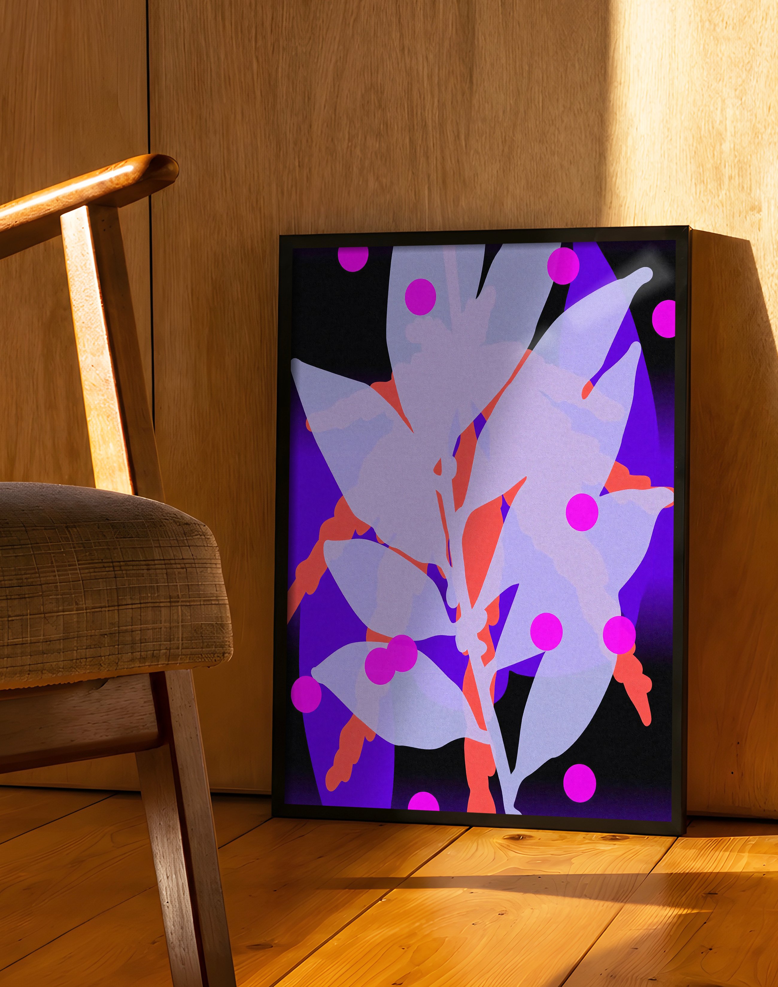 Neon Flora Modern Duvar Tablosu – Mor Pembe Botanik Abstract Poster