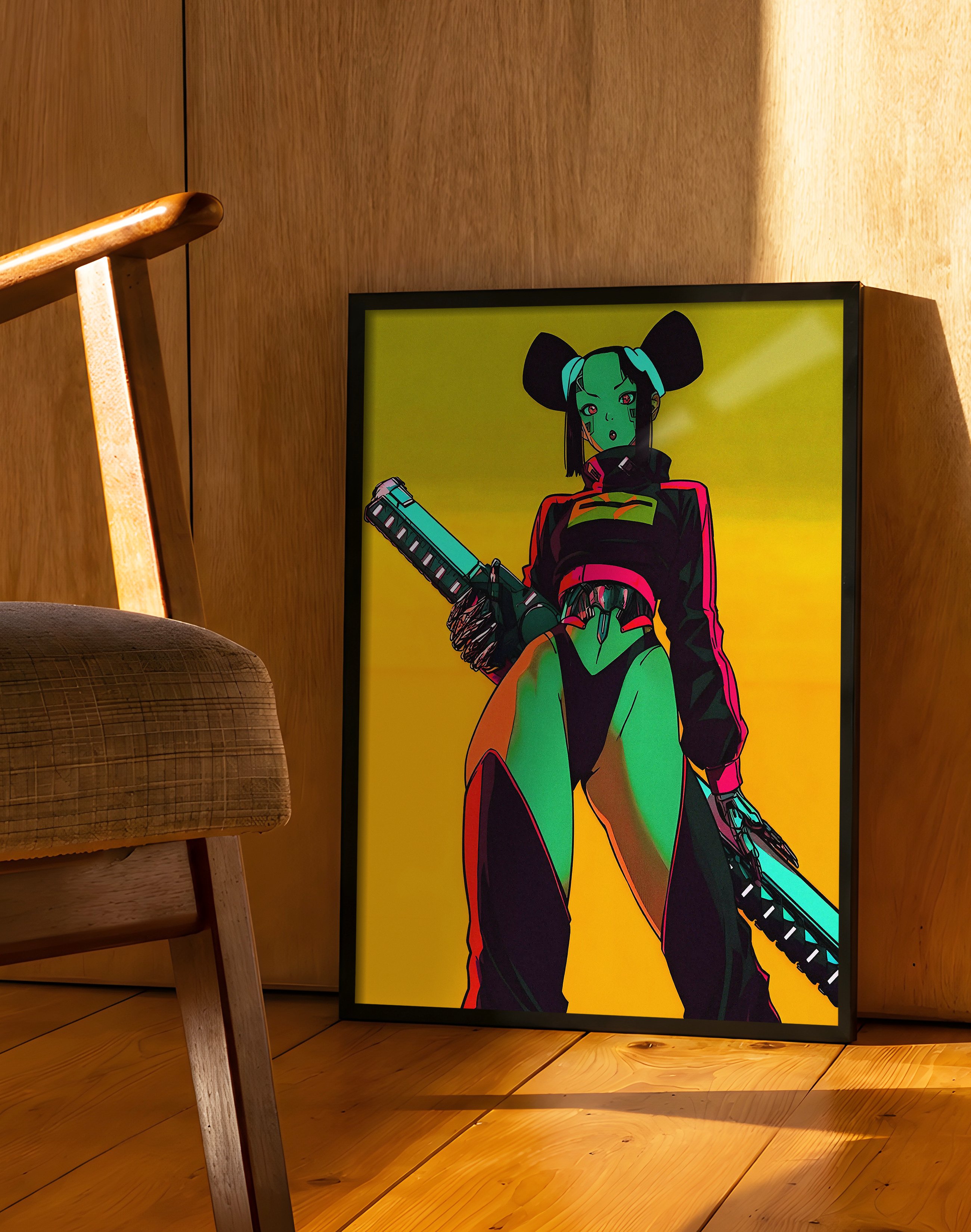 Neon Hunter Modern Duvar Tablosu – Sarı Yeşil Cyberpunk Anime Poster