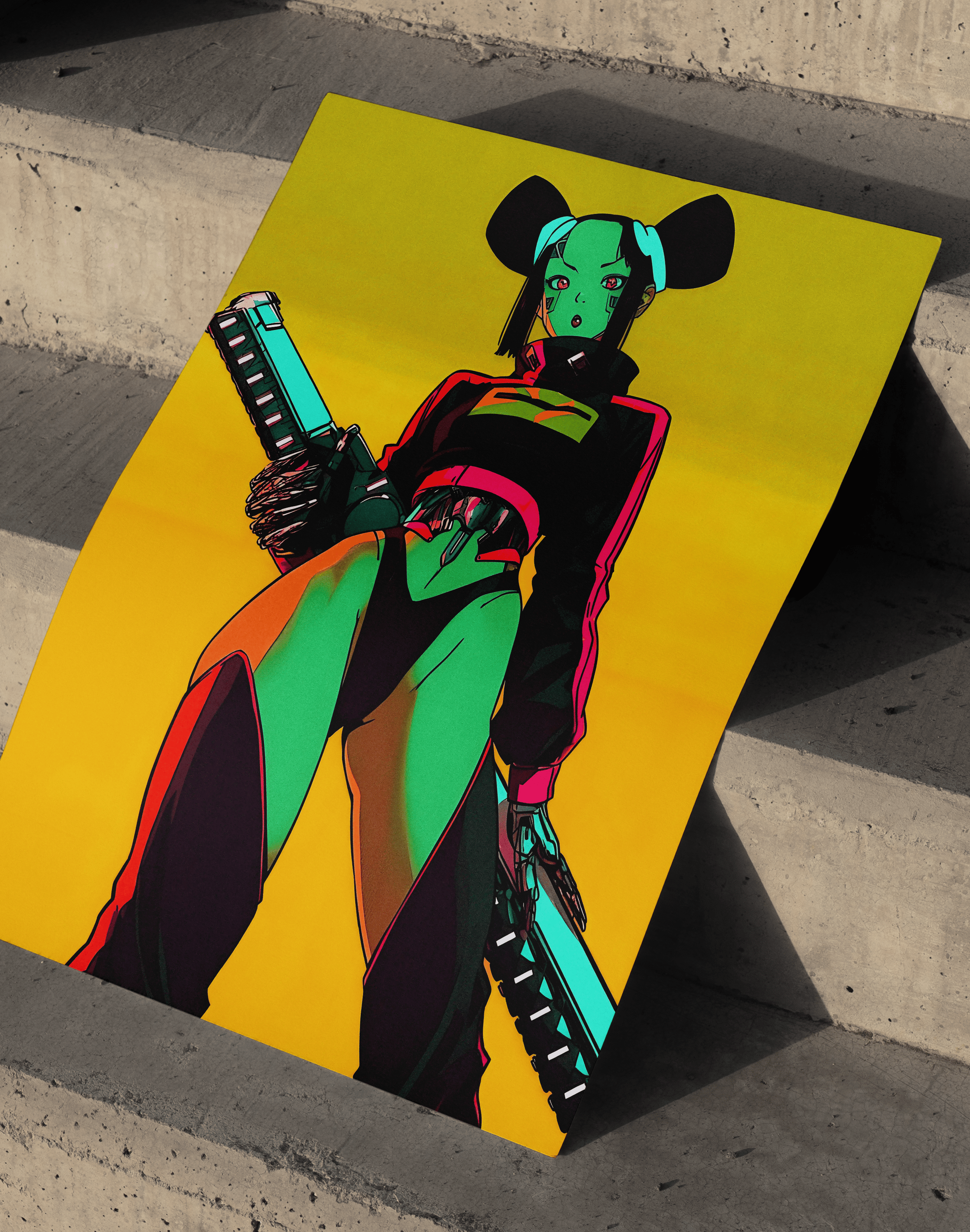 Neon Hunter Modern Duvar Tablosu – Sarı Yeşil Cyberpunk Anime Poster