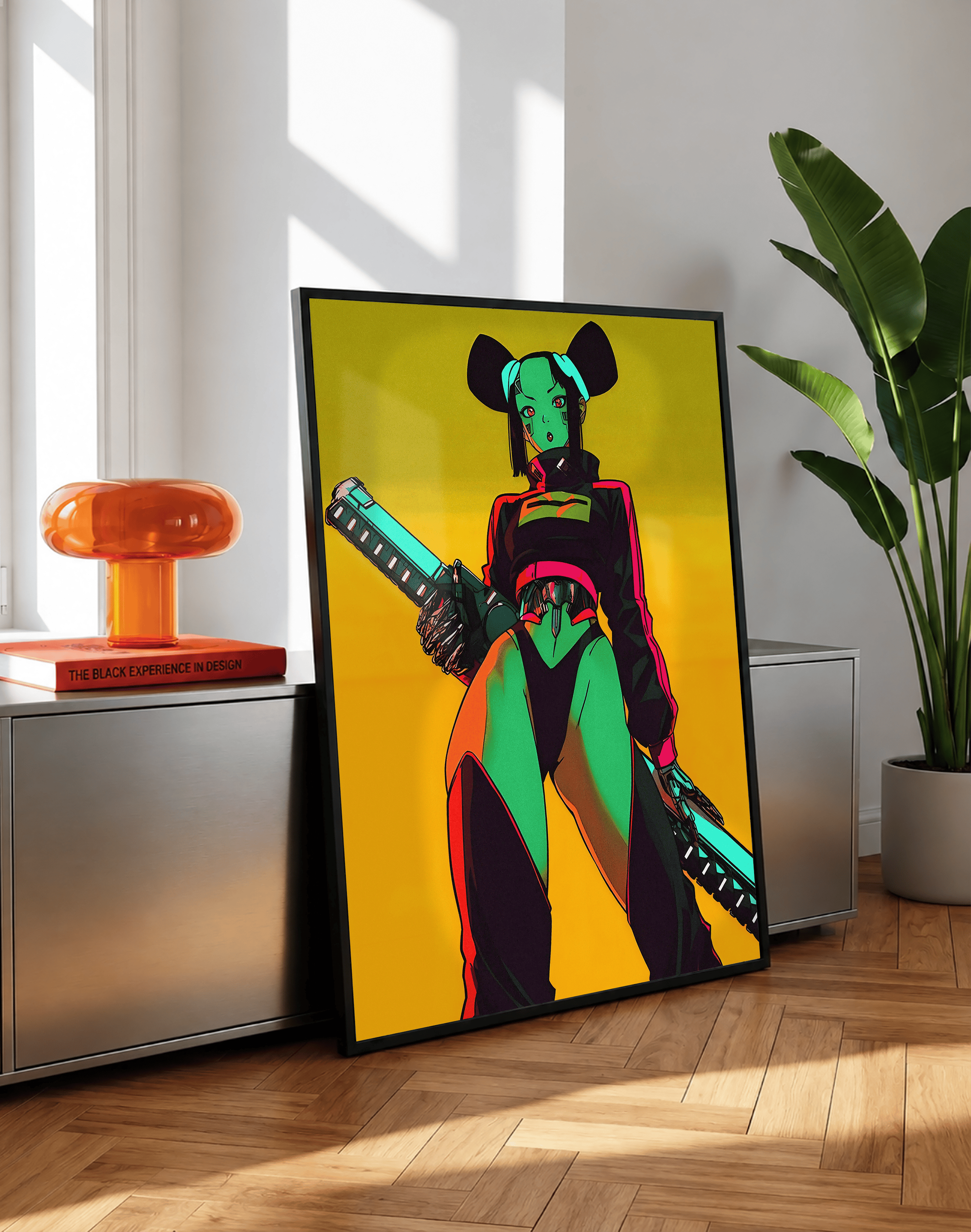 Neon Hunter Modern Duvar Tablosu – Sarı Yeşil Cyberpunk Anime Poster