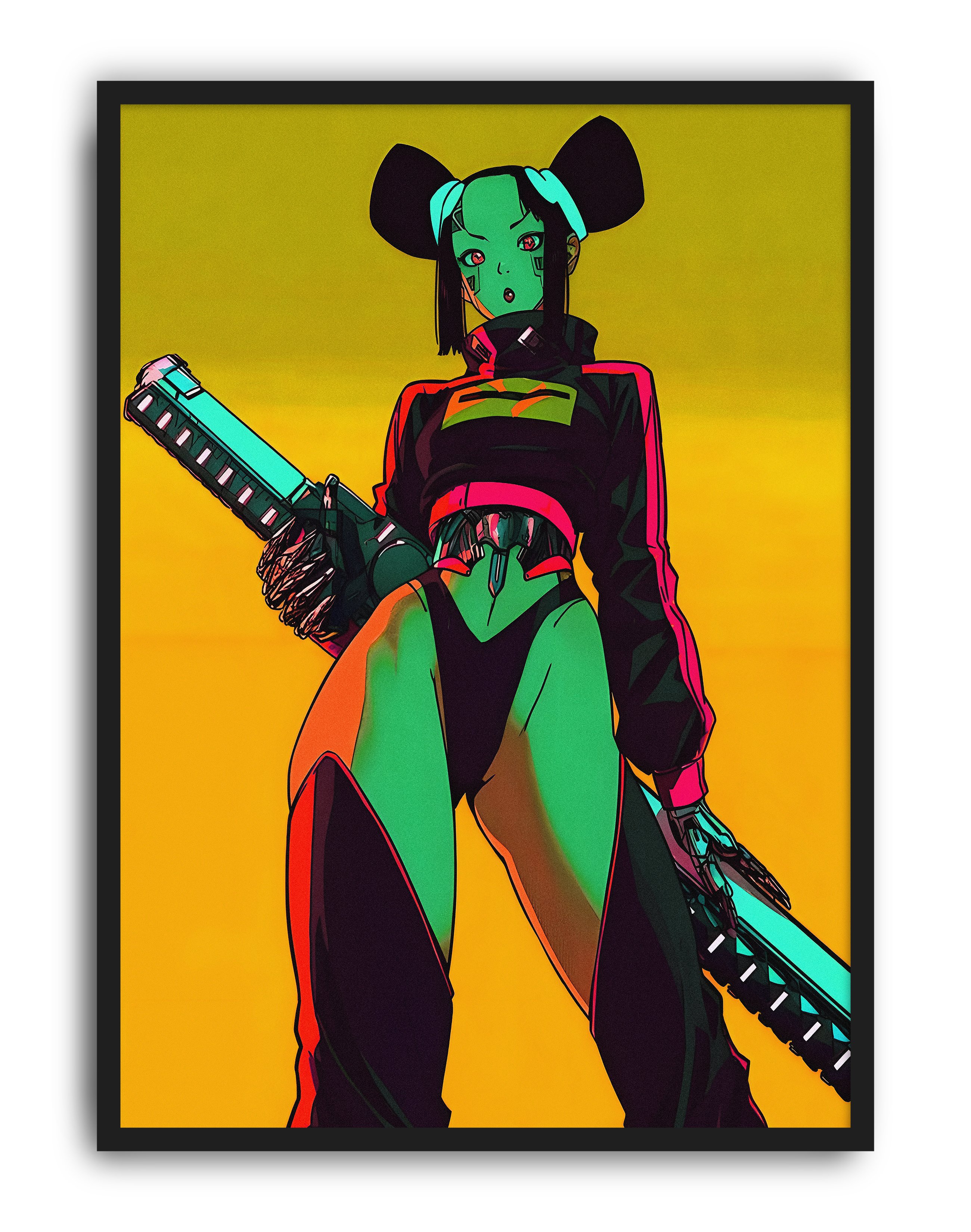 Neon Hunter Modern Duvar Tablosu – Sarı Yeşil Cyberpunk Anime Poster