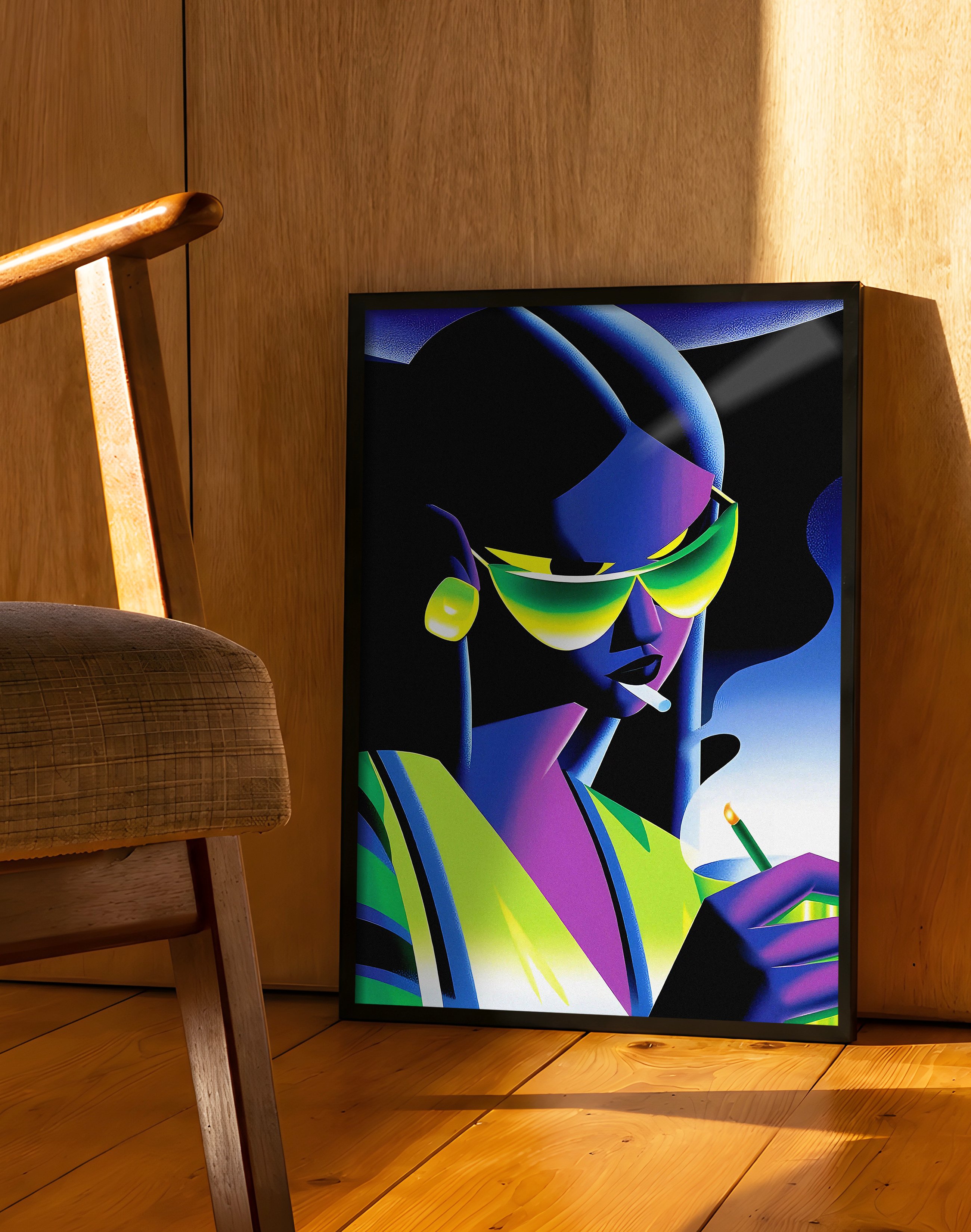 Neon Shade Modern Duvar Tablosu – Yeşil Mor Futuristik Anime Poster