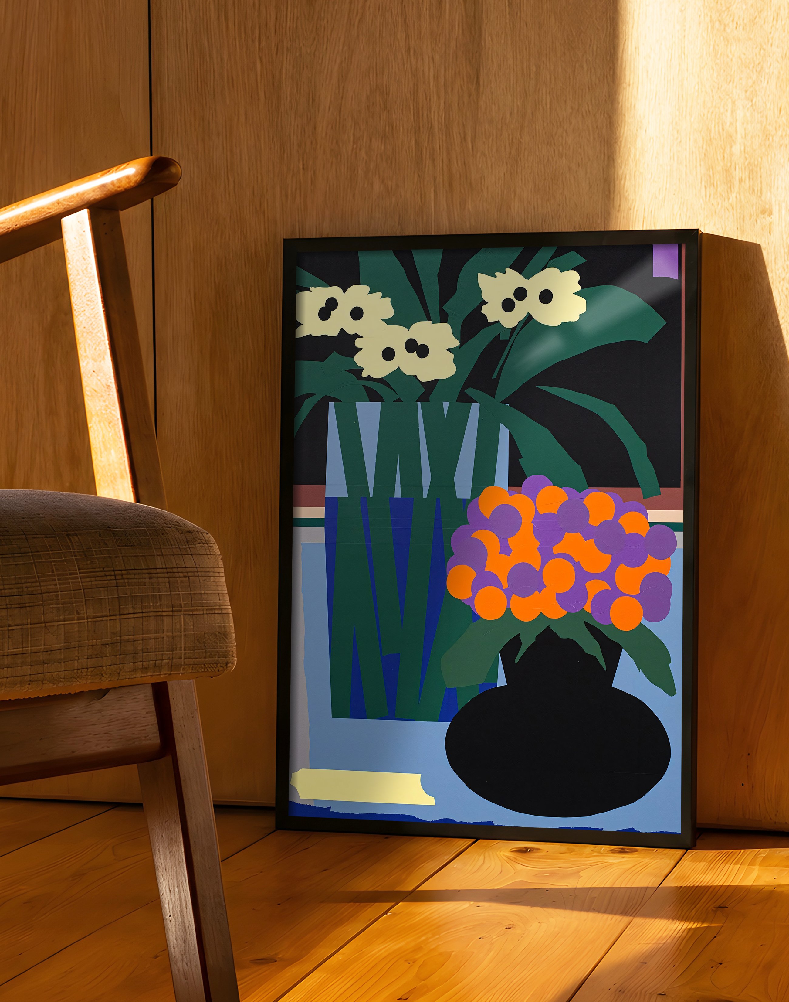 Night Garden Modern Duvar Tablosu – Renkli Botanik Vazo Poster