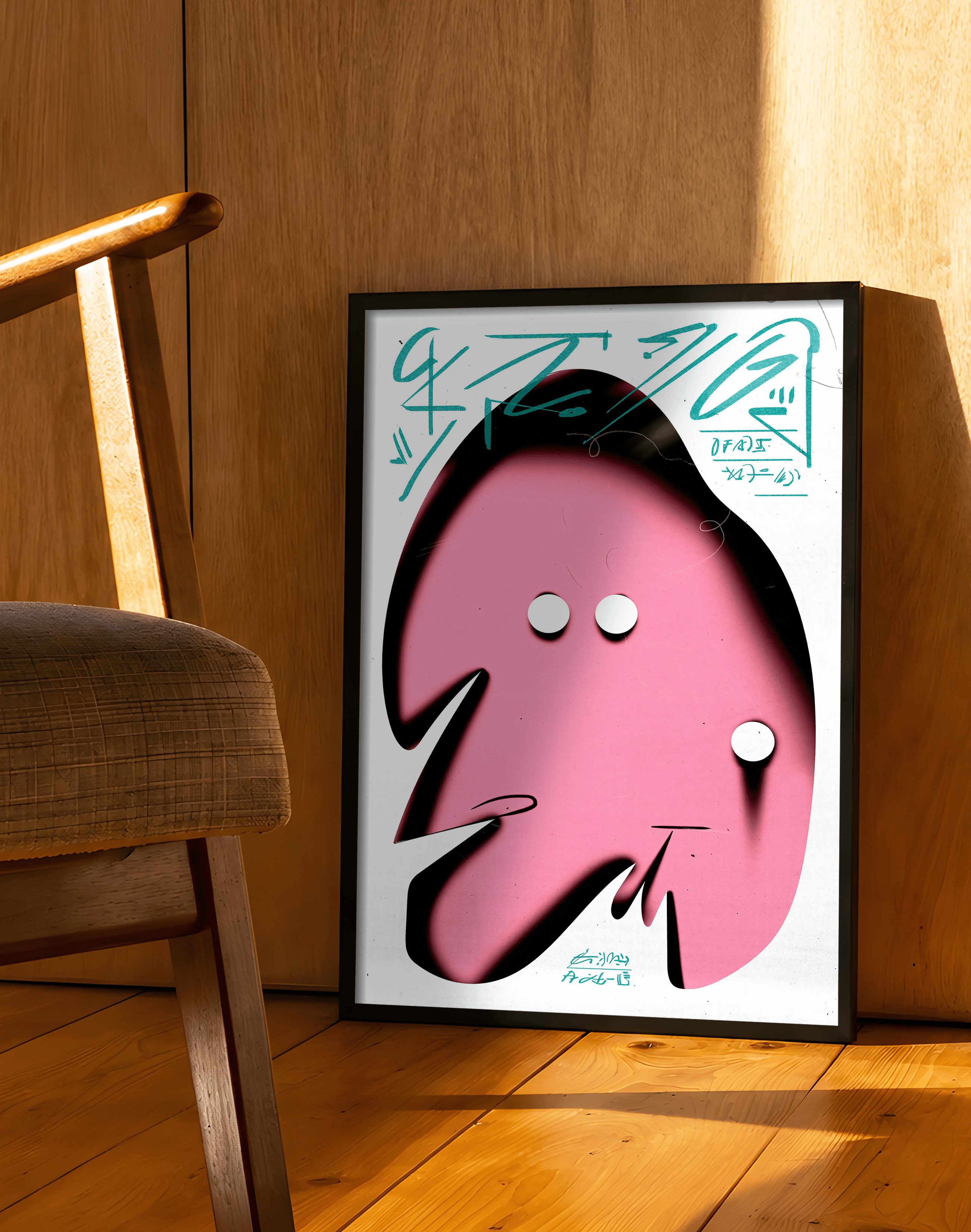 Pink Glyph Modern Duvar Tablosu – Pembe Formlu Sürreal Tipografik Poster