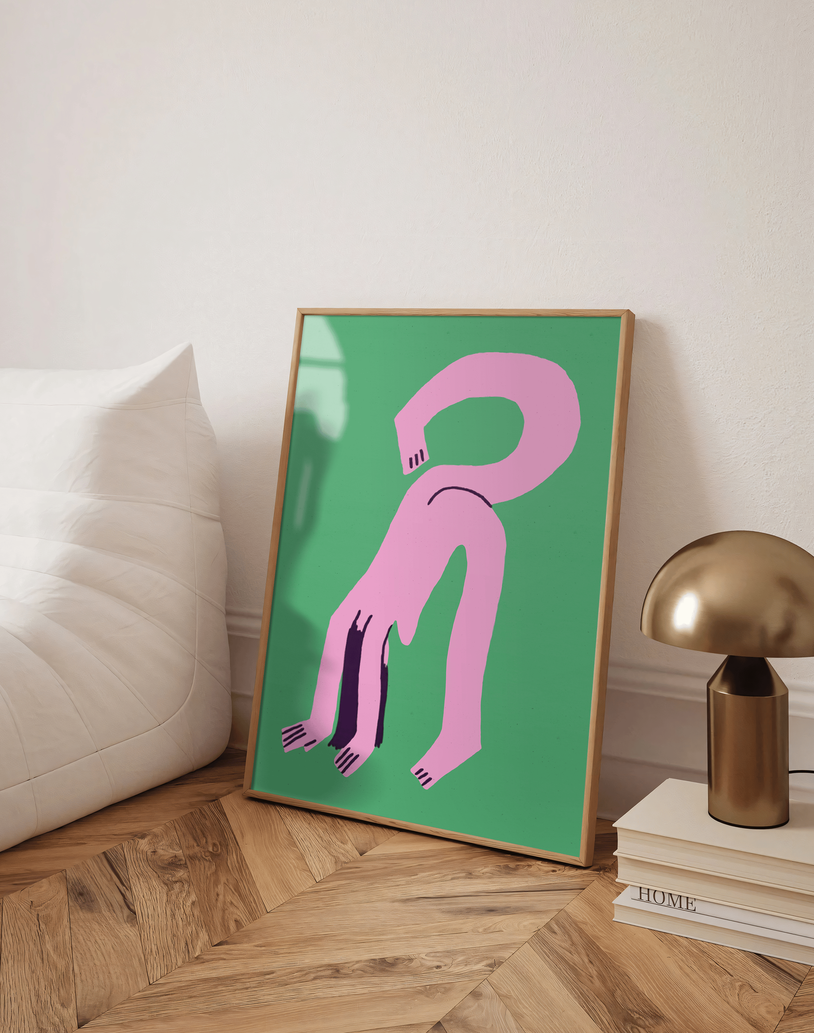 Pink Loop Modern Duvar Tablosu – Yeşil Zeminli Sürreal Abstract Poster