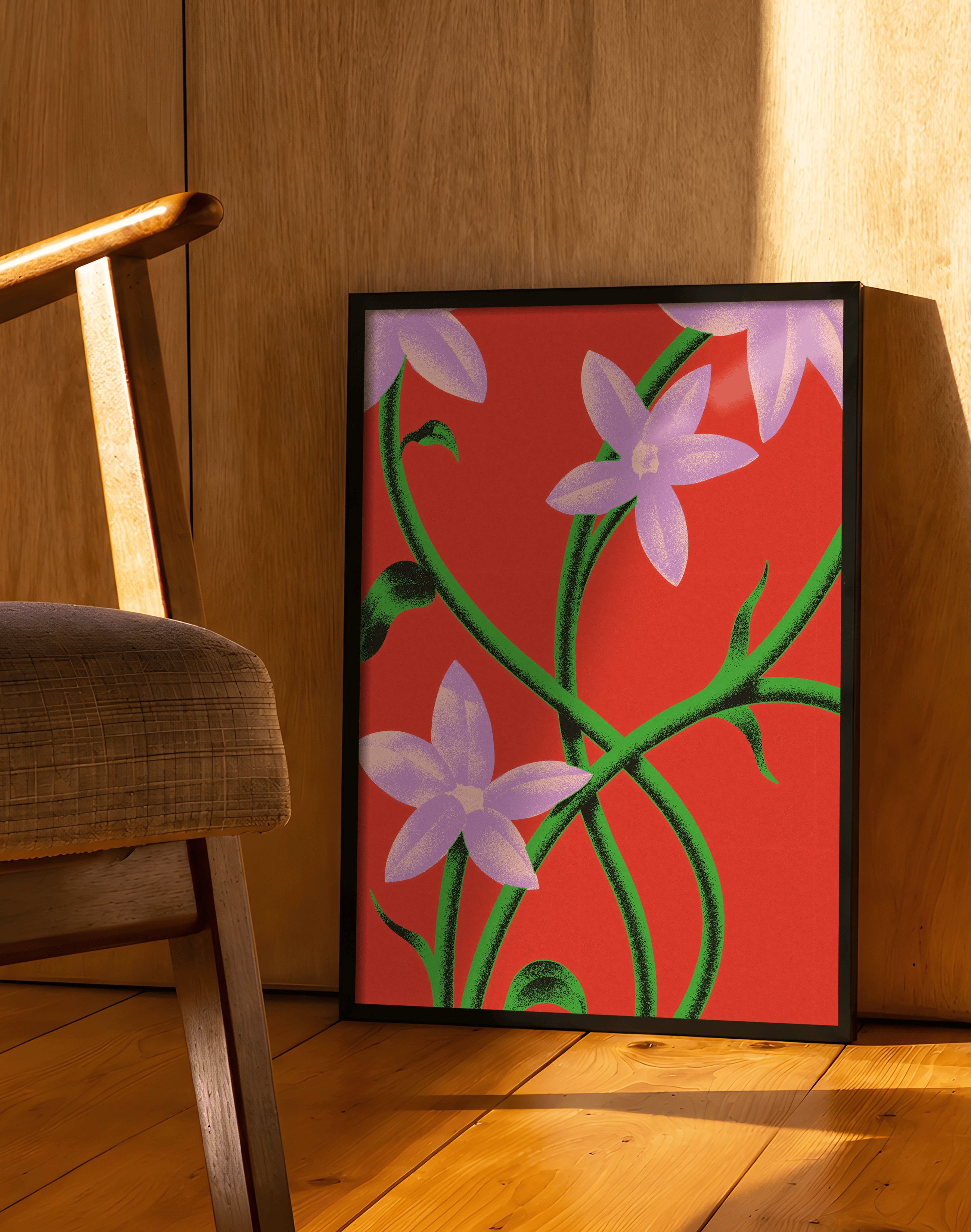 Purple Bloom Modern Duvar Tablosu – Kırmızı Zeminli Botanik Çiçek Poster