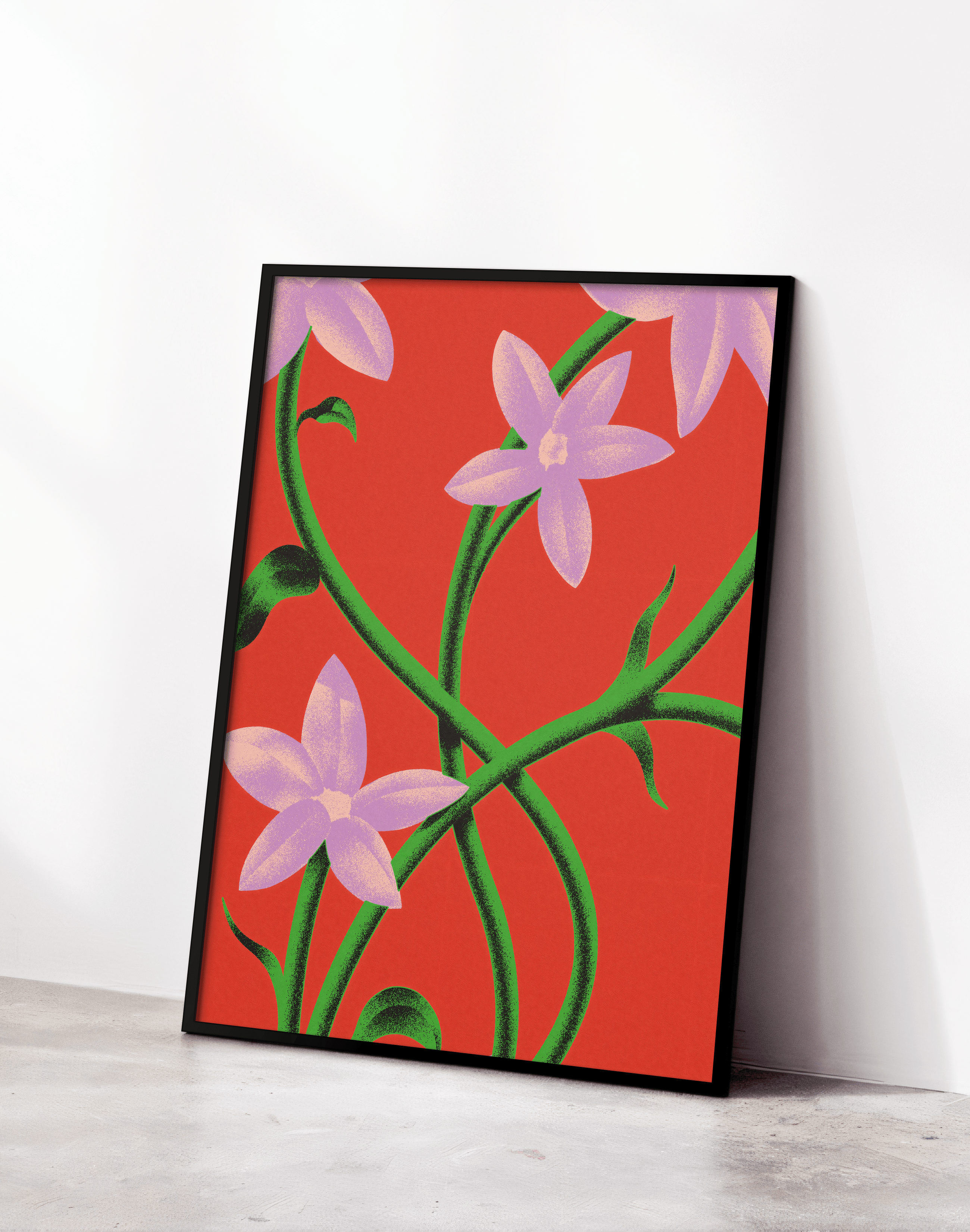 Purple Bloom Modern Duvar Tablosu – Kırmızı Zeminli Botanik Çiçek Poster