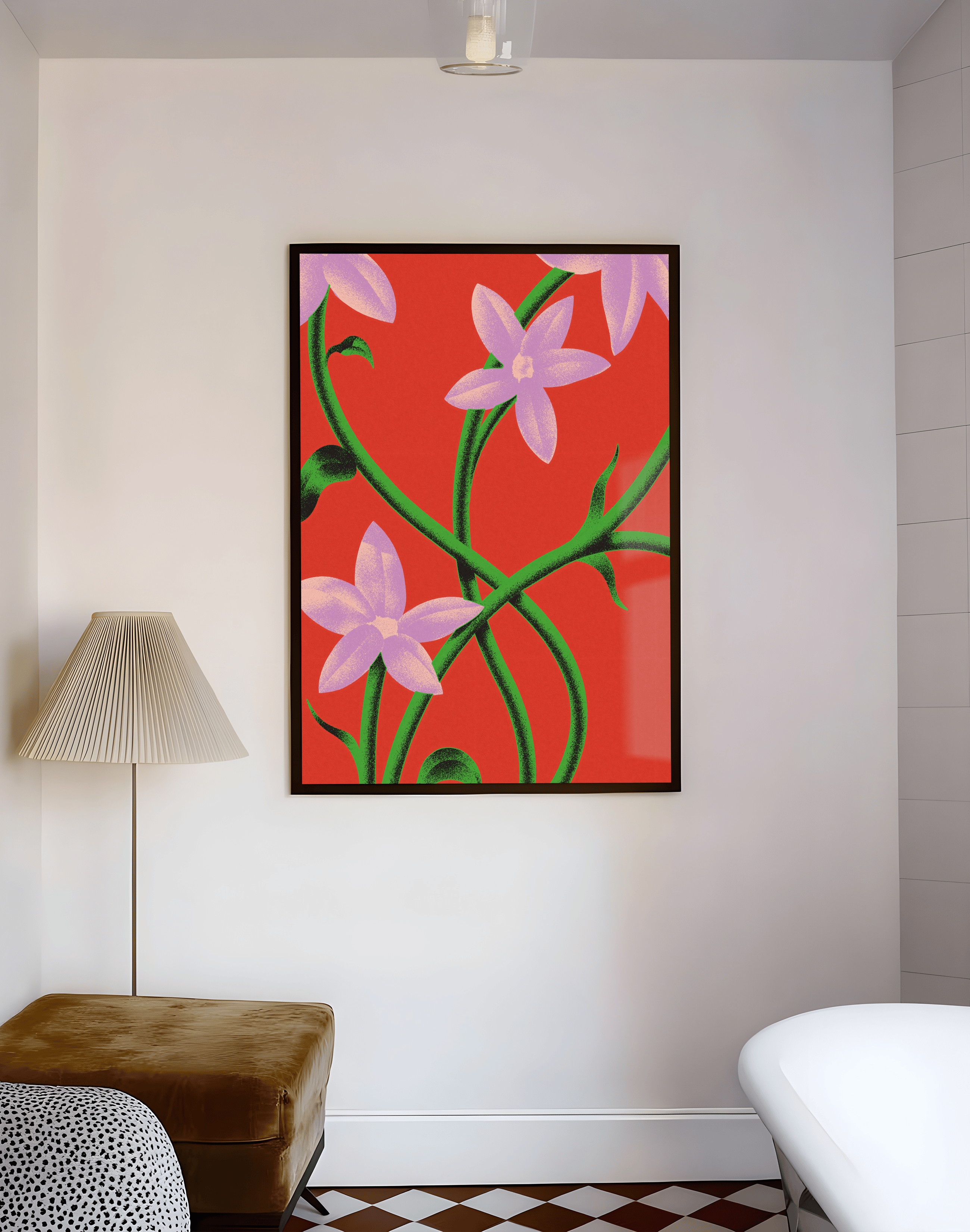 Purple Bloom Modern Duvar Tablosu – Kırmızı Zeminli Botanik Çiçek Poster