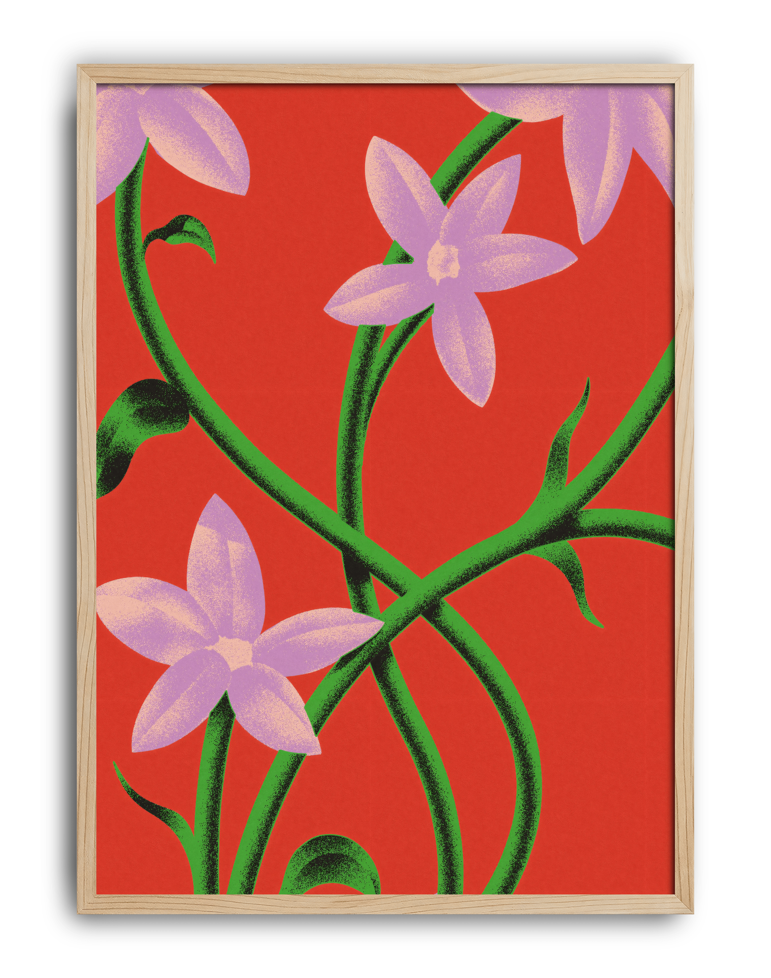 Purple Bloom Modern Duvar Tablosu – Kırmızı Zeminli Botanik Çiçek Poster