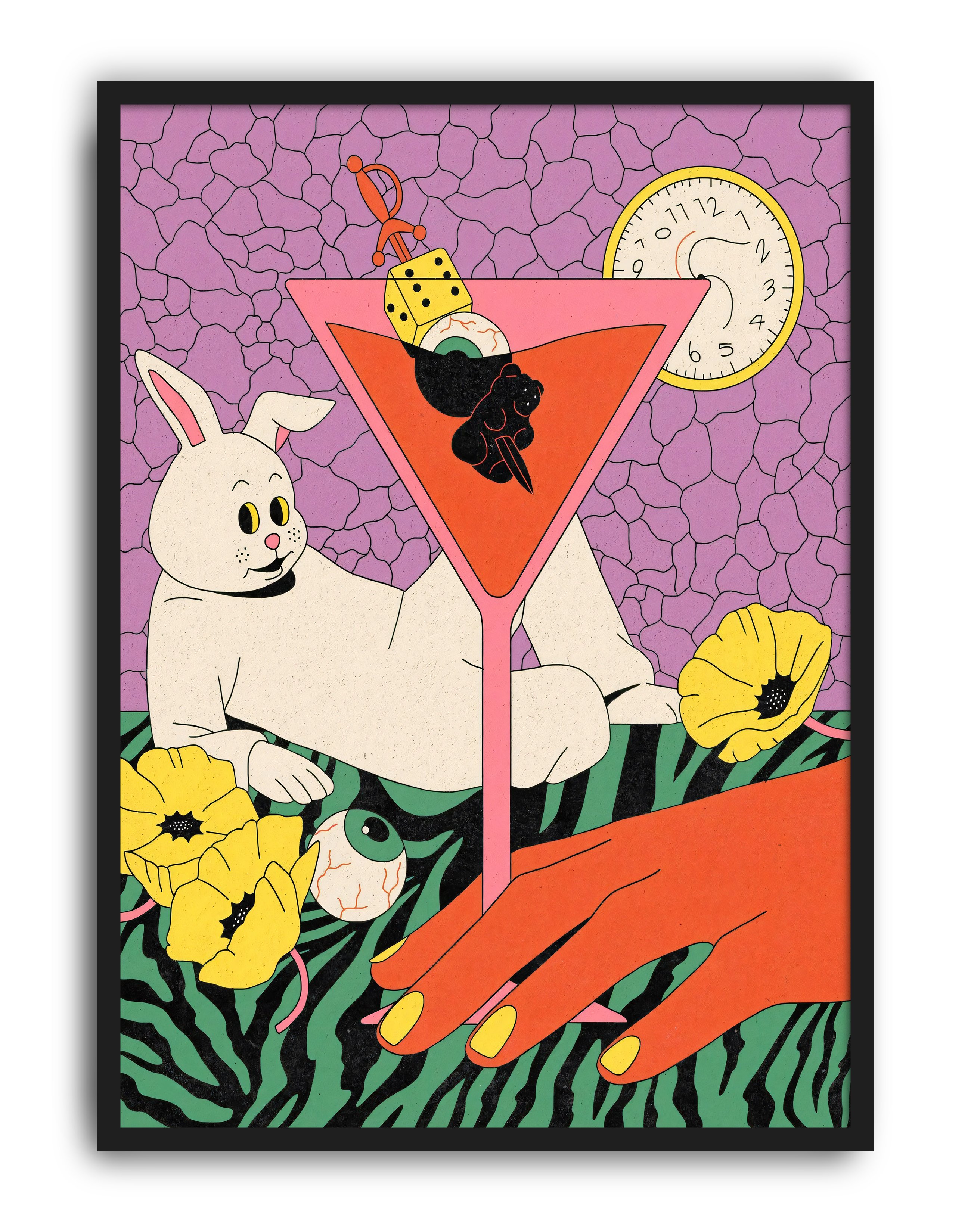 Rabbit Hour Modern Duvar Tablosu – Sürreal Tavşan Kokteyl Poster