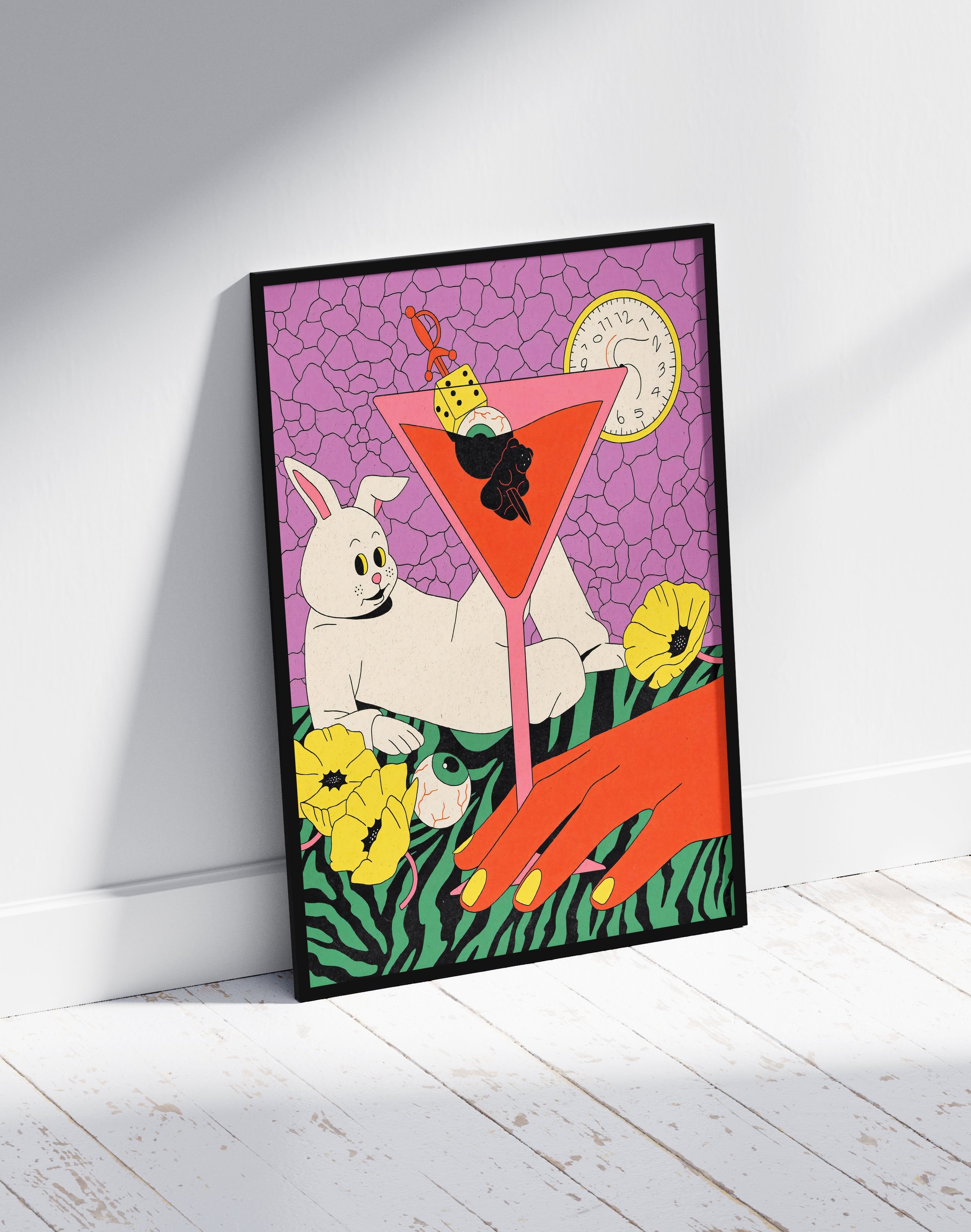 Rabbit Hour Modern Duvar Tablosu – Sürreal Tavşan Kokteyl Poster