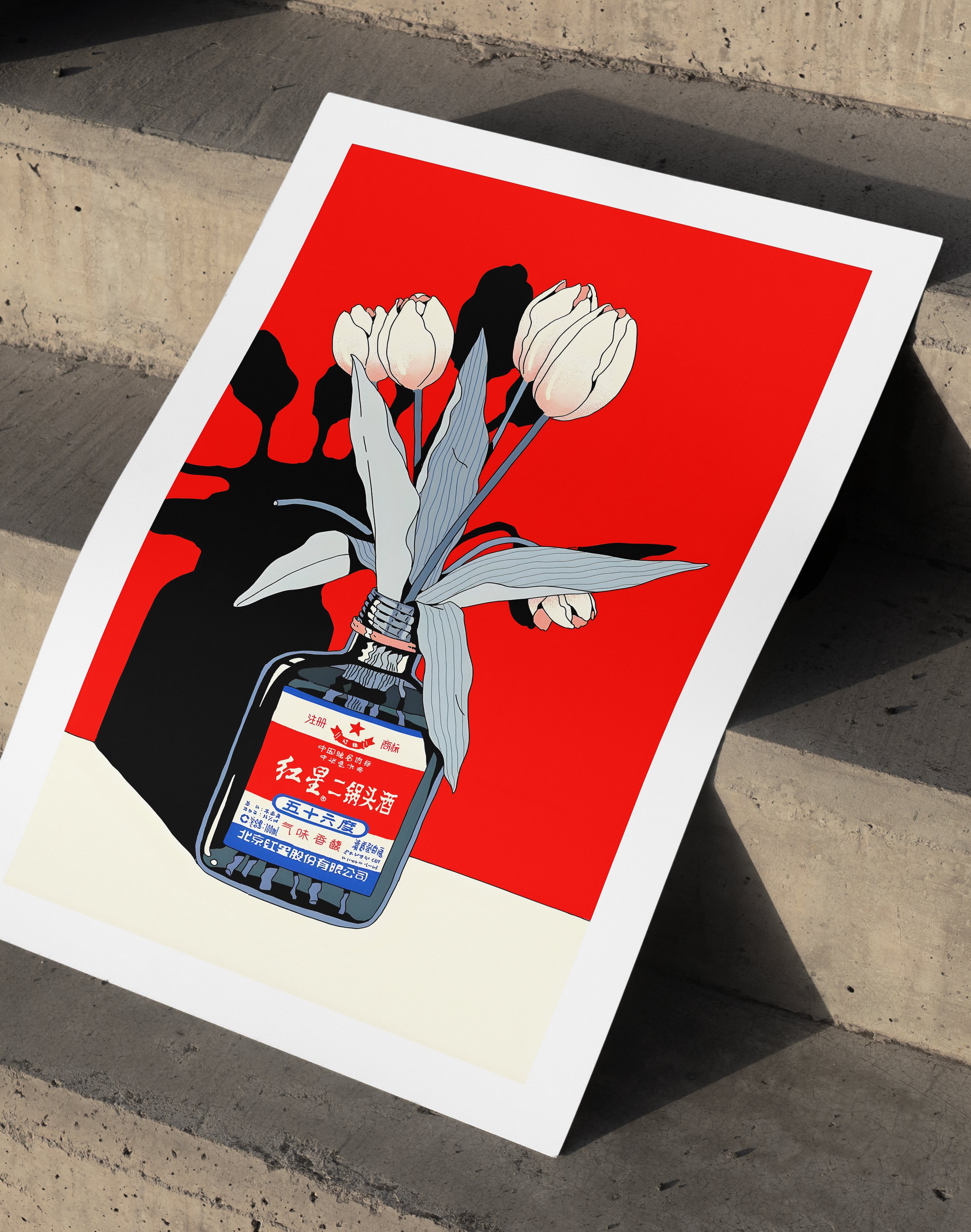 Red Bloom Bottle Modern Duvar Tablosu – Kırmızı Botanik Şişe Poster