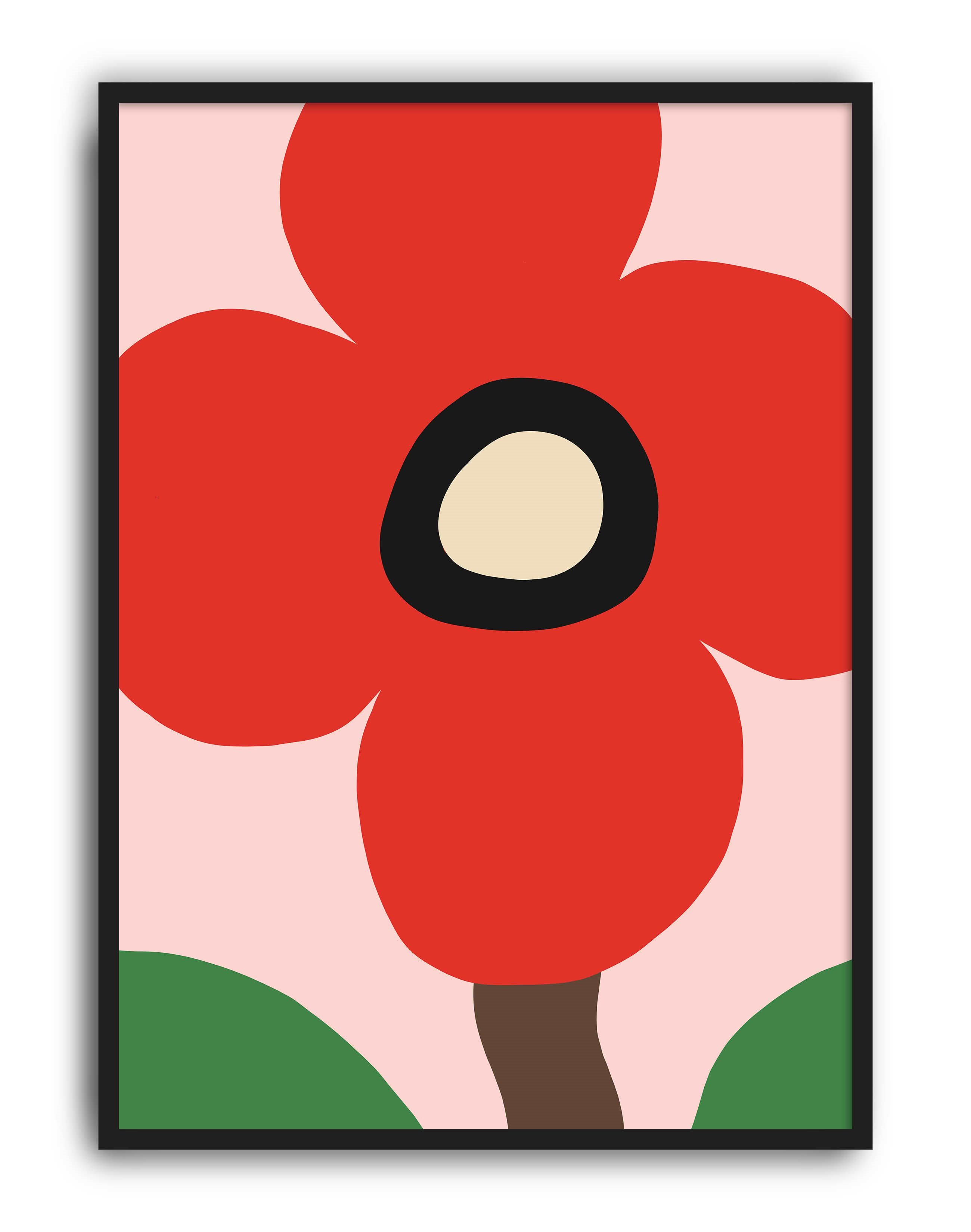 Red Bloom Kırmızı Pembe Retro Çiçek Duvar Tablosu