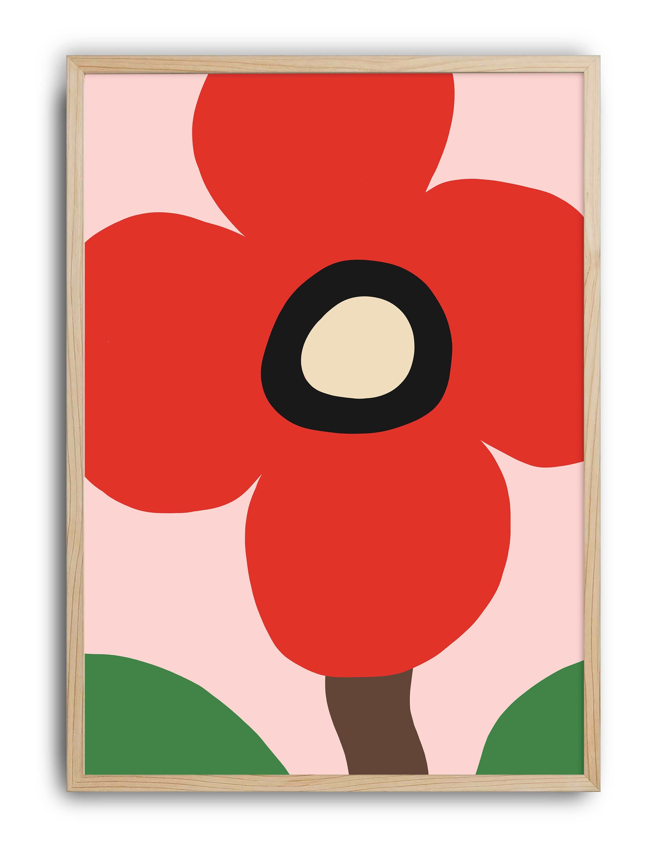 Red Bloom Kırmızı Pembe Retro Çiçek Duvar Tablosu