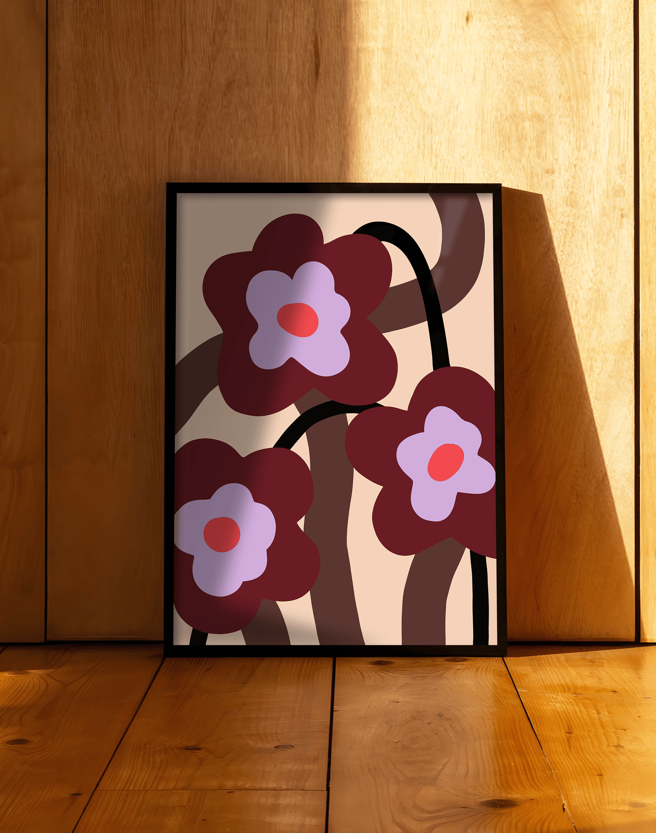 Retro Bloom Kahverengi Lila Soyut Çiçek Duvar Tablosu