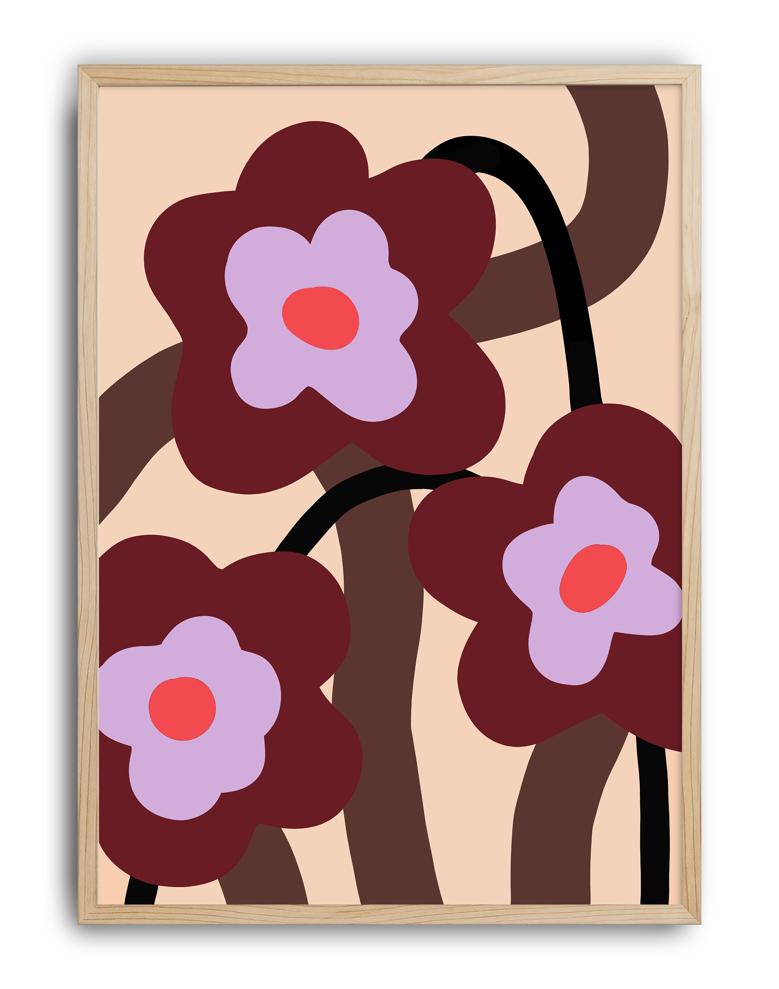Retro Bloom Kahverengi Lila Soyut Çiçek Duvar Tablosu