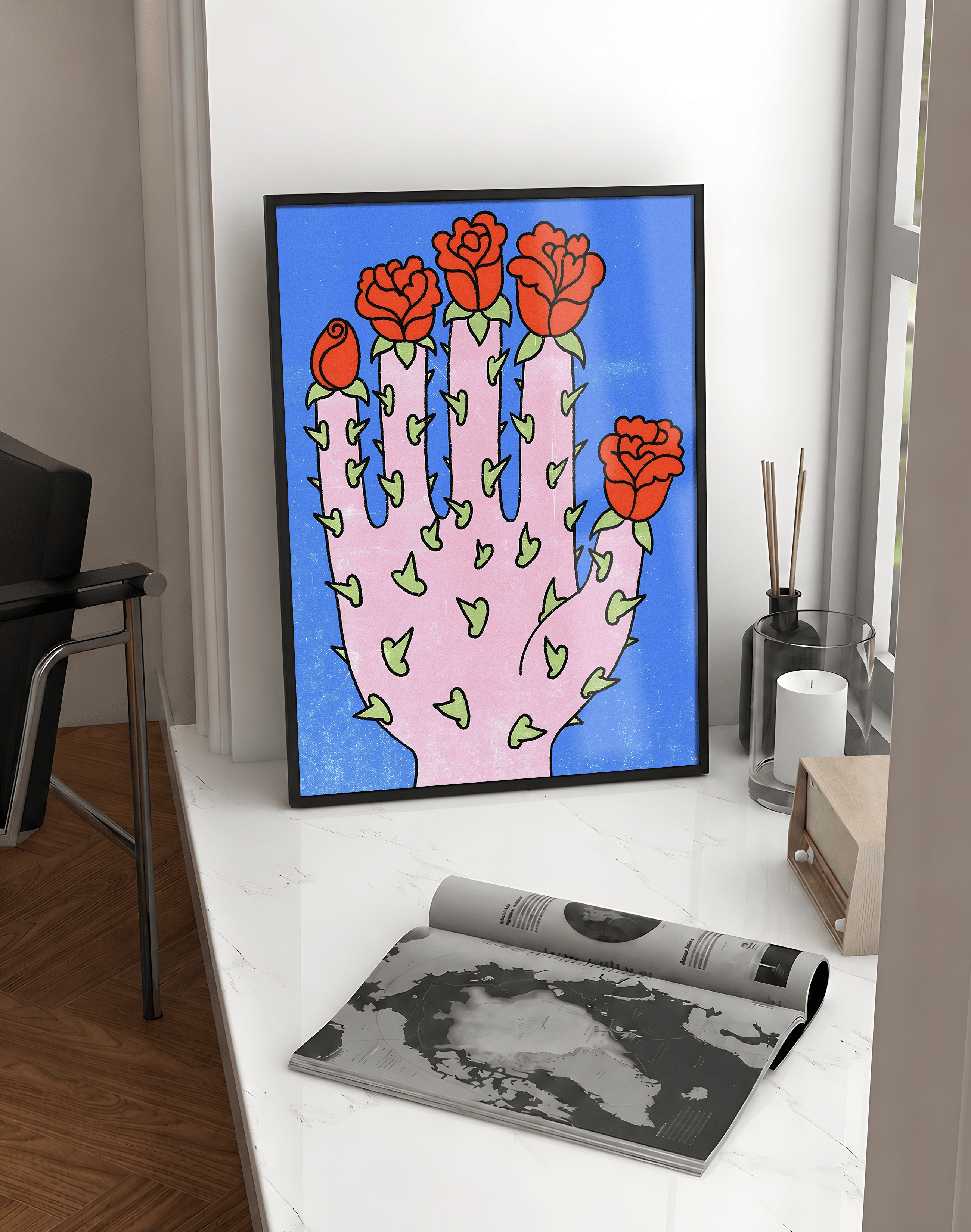 Rose Palm Modern Duvar Tablosu – Mavi Pembe Çiçek Poster