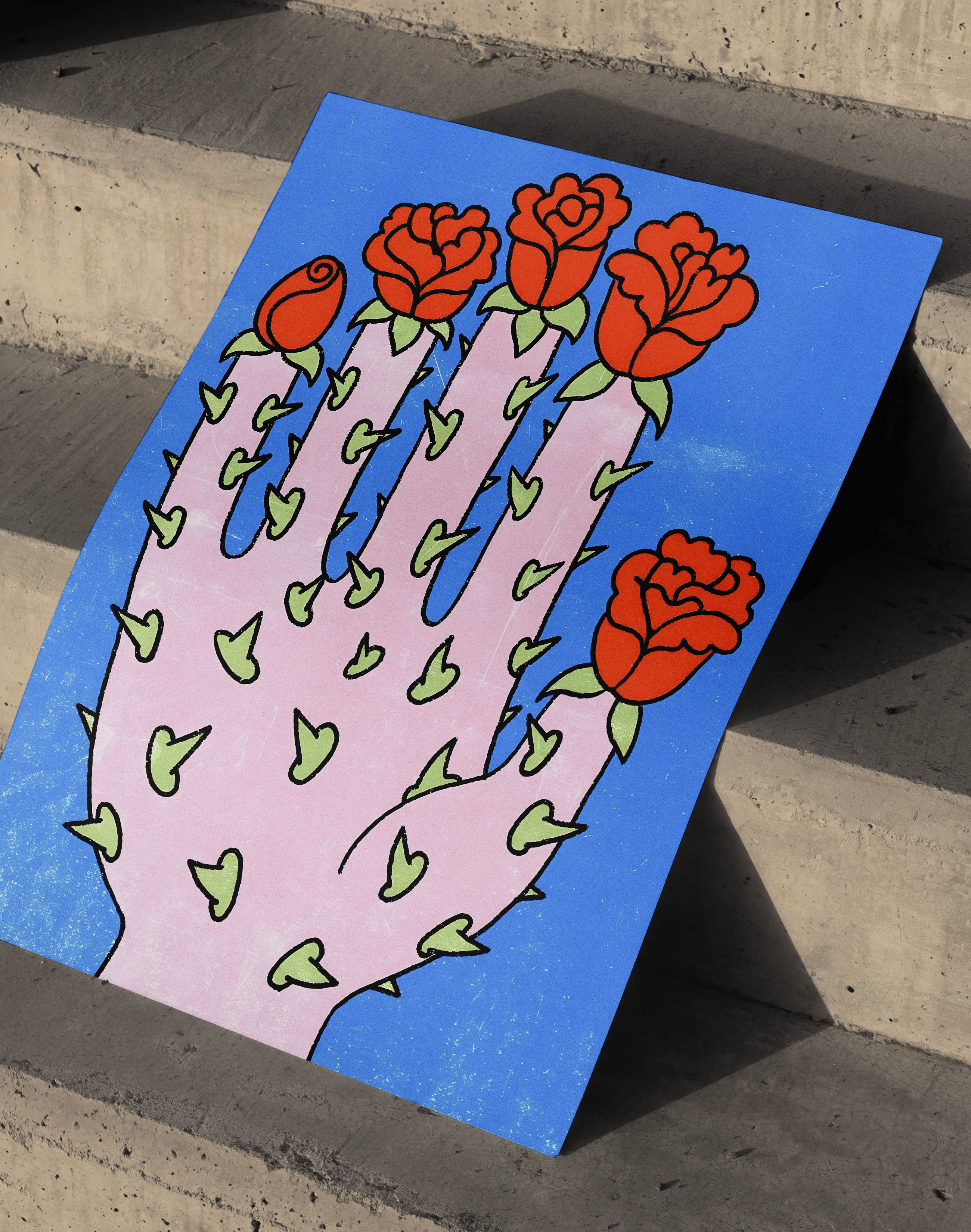 Rose Palm Modern Duvar Tablosu – Mavi Pembe Çiçek Poster