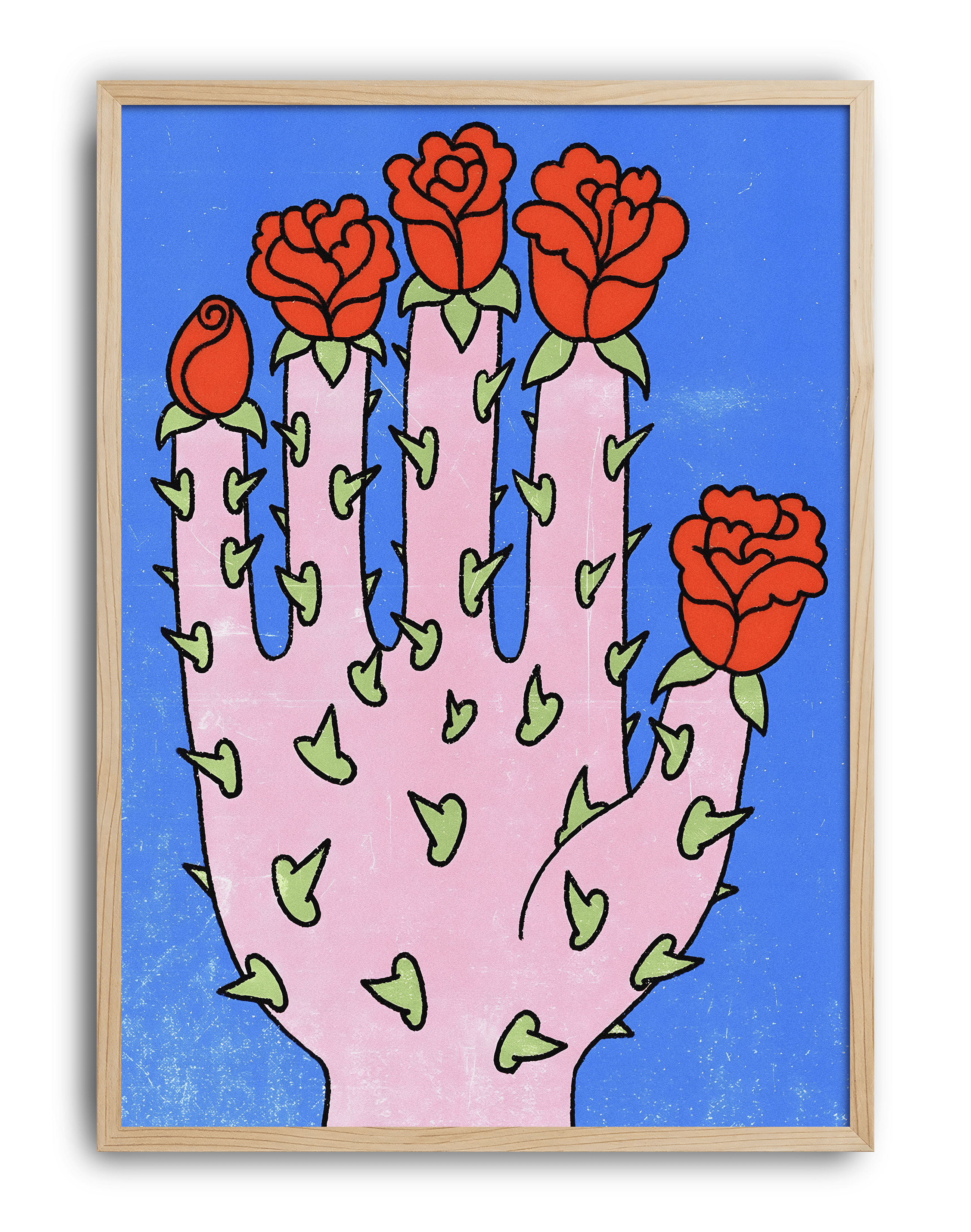 Rose Palm Modern Duvar Tablosu – Mavi Pembe Çiçek Poster