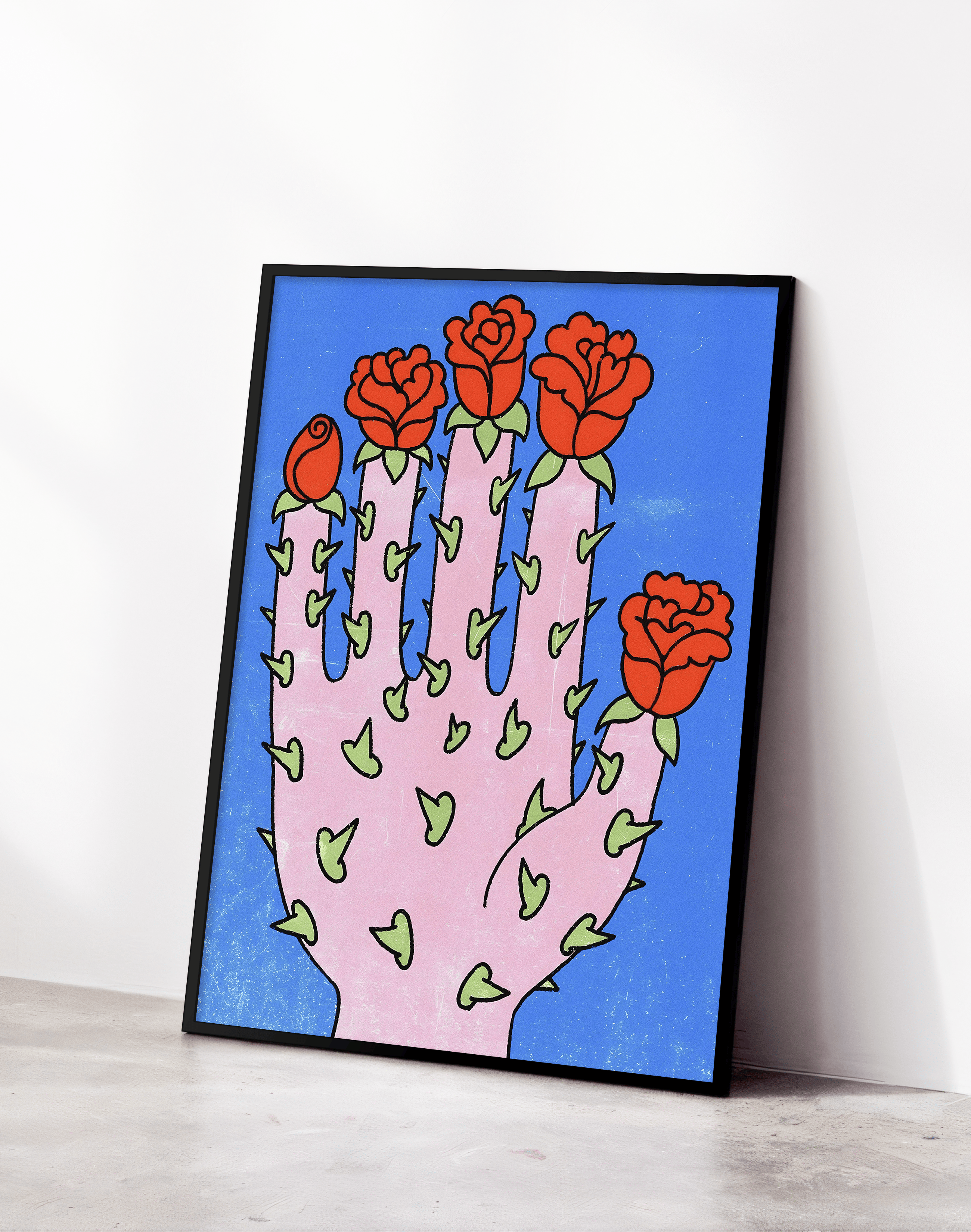 Rose Palm Modern Duvar Tablosu – Mavi Pembe Çiçek Poster