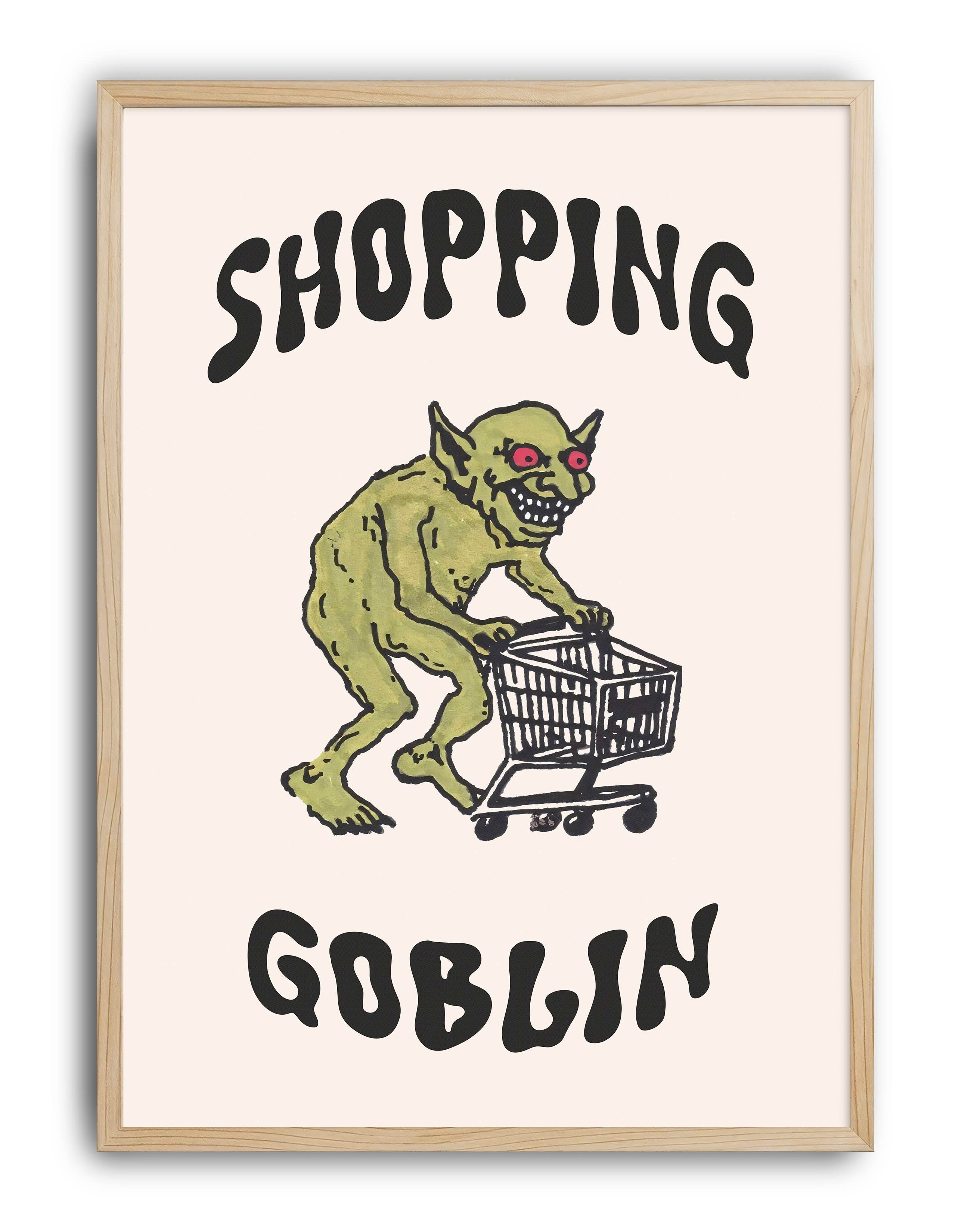Shopping Goblin Yeşil Figüratif Duvar Tablosu - Krem Zeminli Tipografik Poster