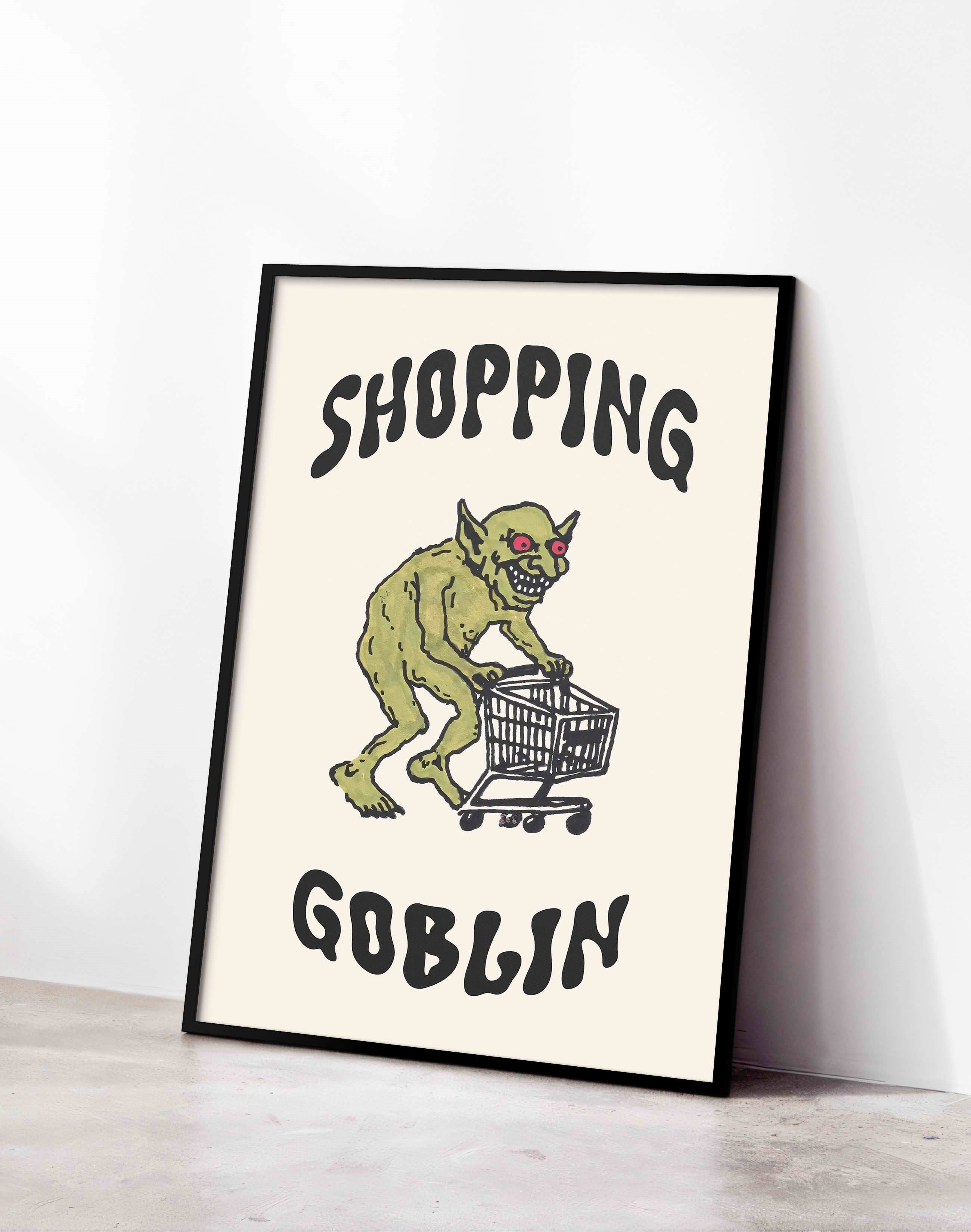 Shopping Goblin Yeşil Figüratif Duvar Tablosu - Krem Zeminli Tipografik Poster