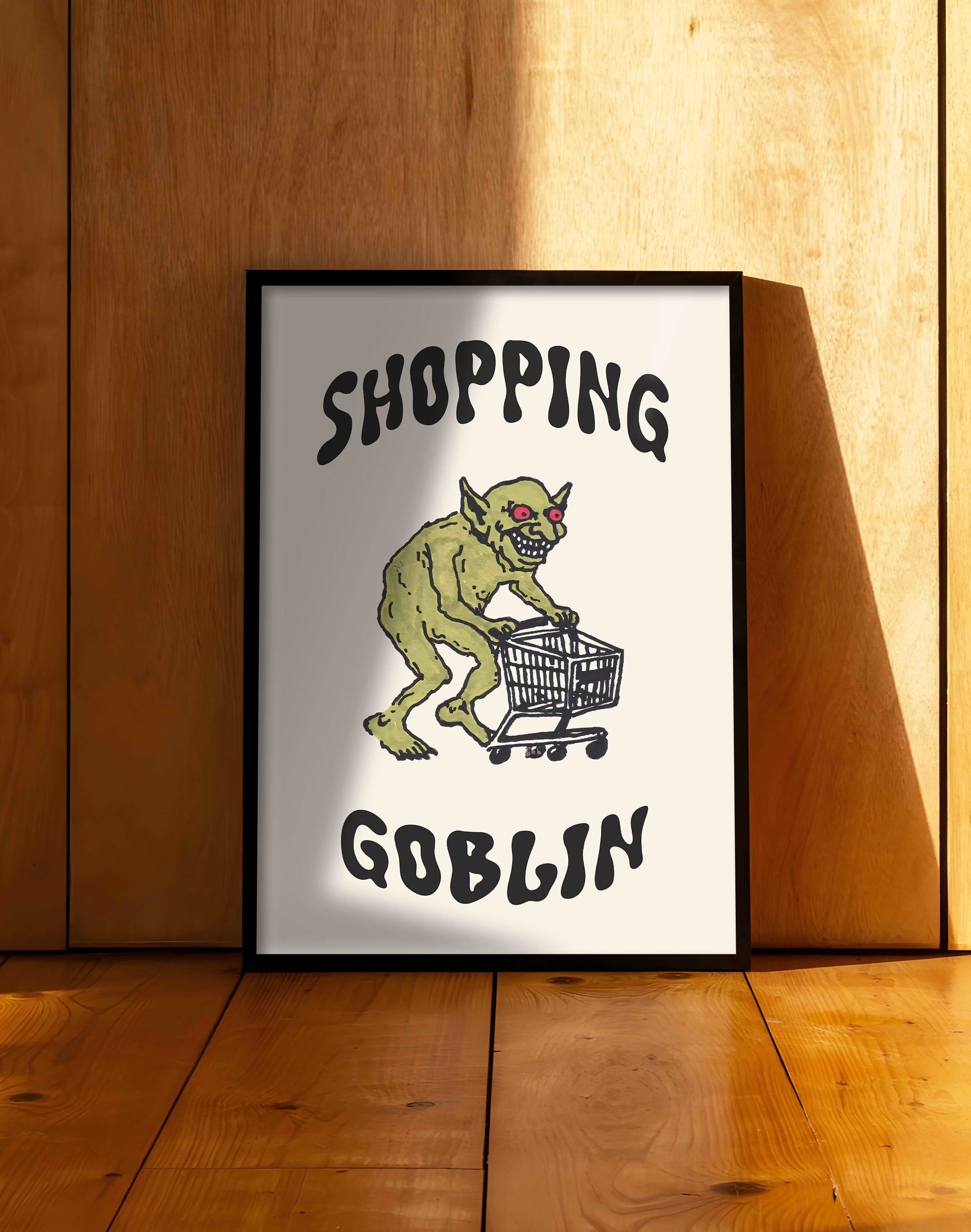 Shopping Goblin Yeşil Figüratif Duvar Tablosu - Krem Zeminli Tipografik Poster