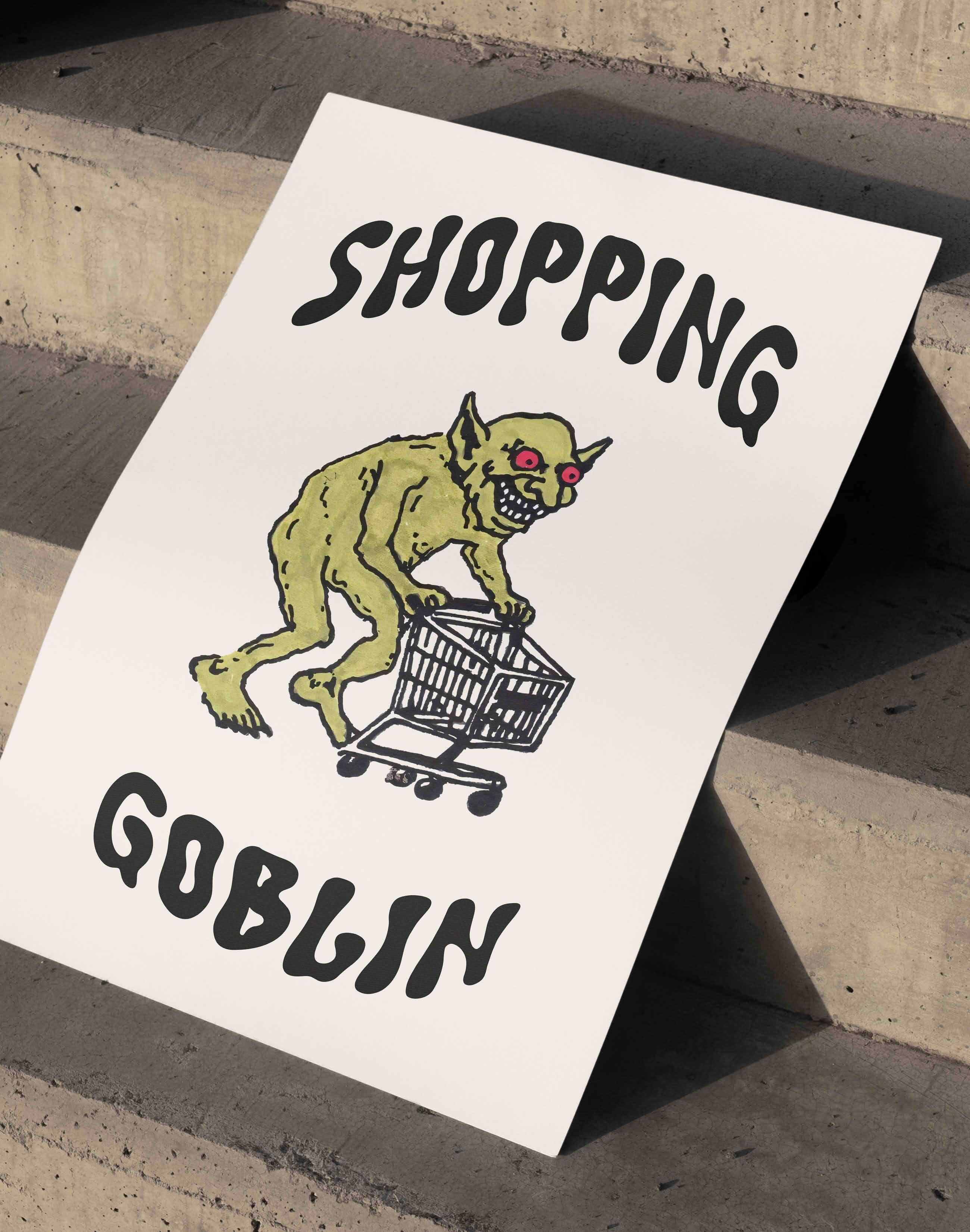 Shopping Goblin Yeşil Figüratif Duvar Tablosu - Krem Zeminli Tipografik Poster