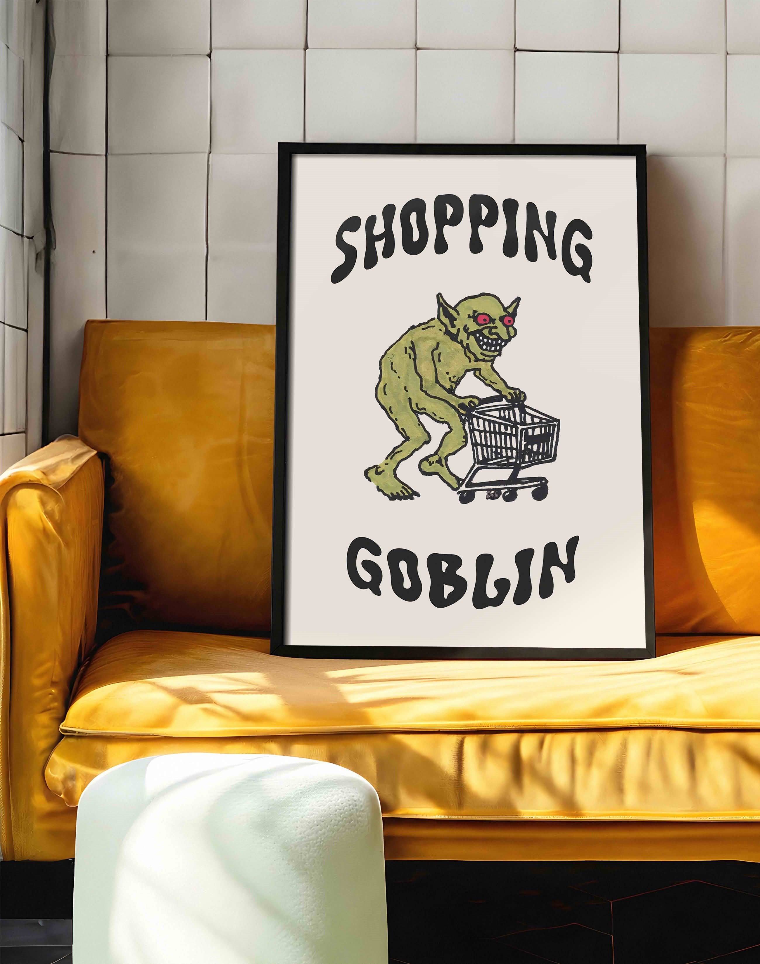 Shopping Goblin Yeşil Figüratif Duvar Tablosu - Krem Zeminli Tipografik Poster
