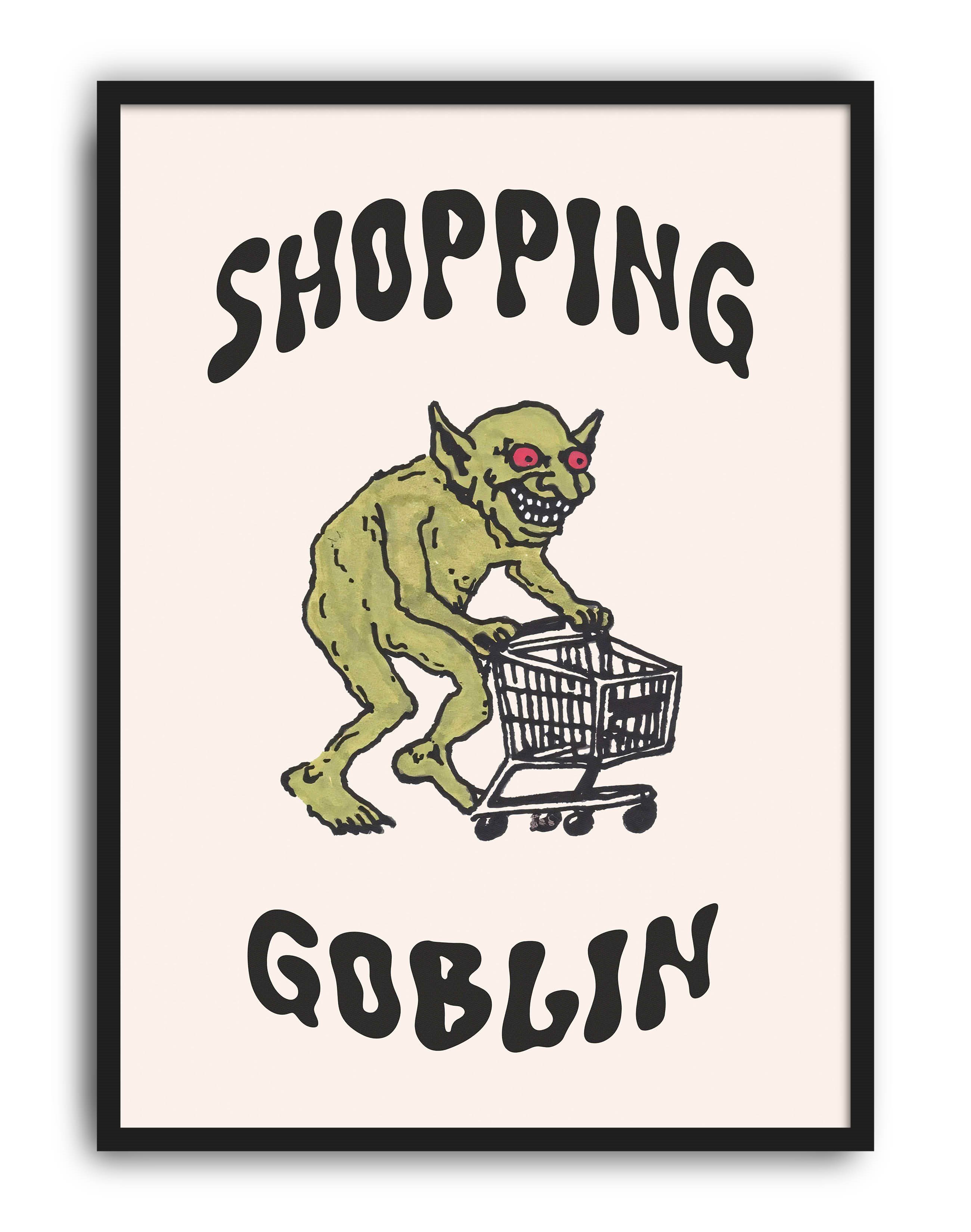 Shopping Goblin Yeşil Figüratif Duvar Tablosu - Krem Zeminli Tipografik Poster