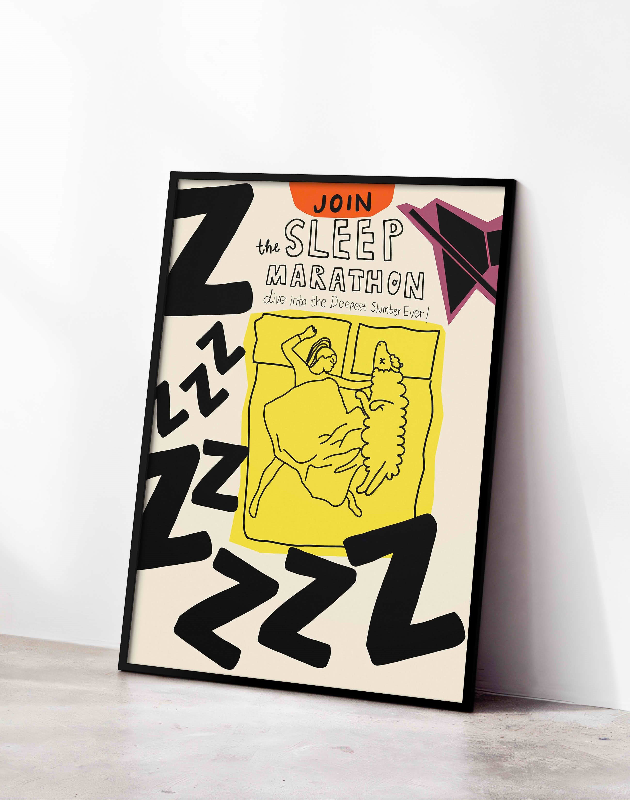 Sleep Marathon Sarı Figüratif Duvar Tablosu - Tipografik Poster