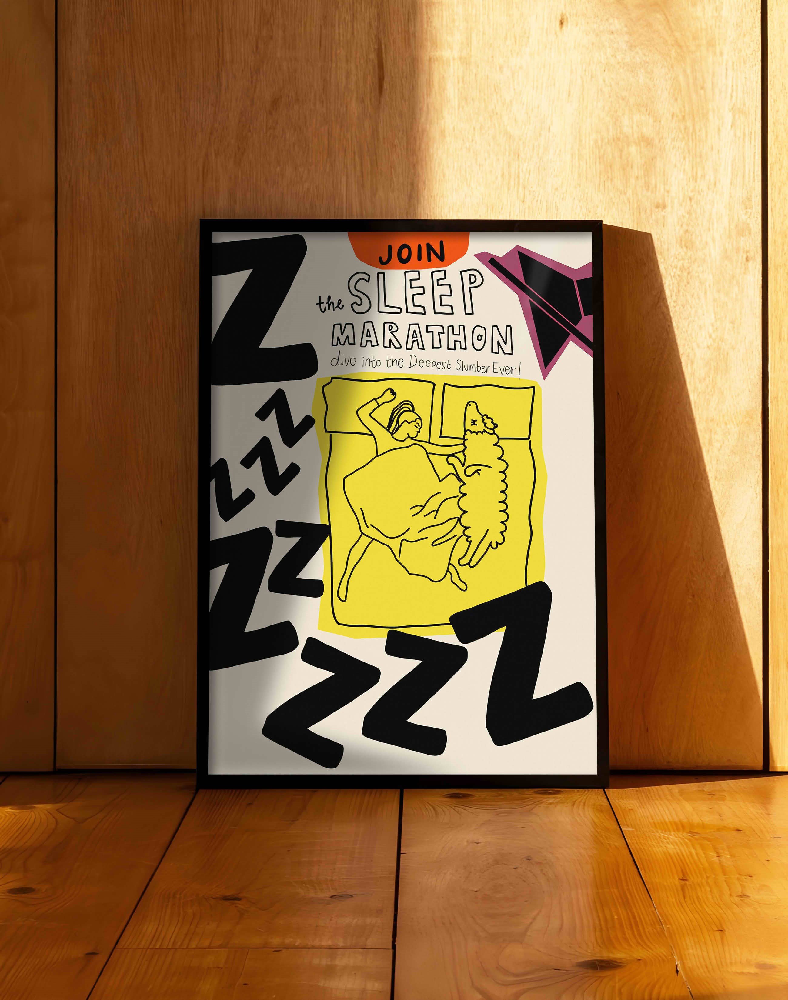 Sleep Marathon Sarı Figüratif Duvar Tablosu - Tipografik Poster