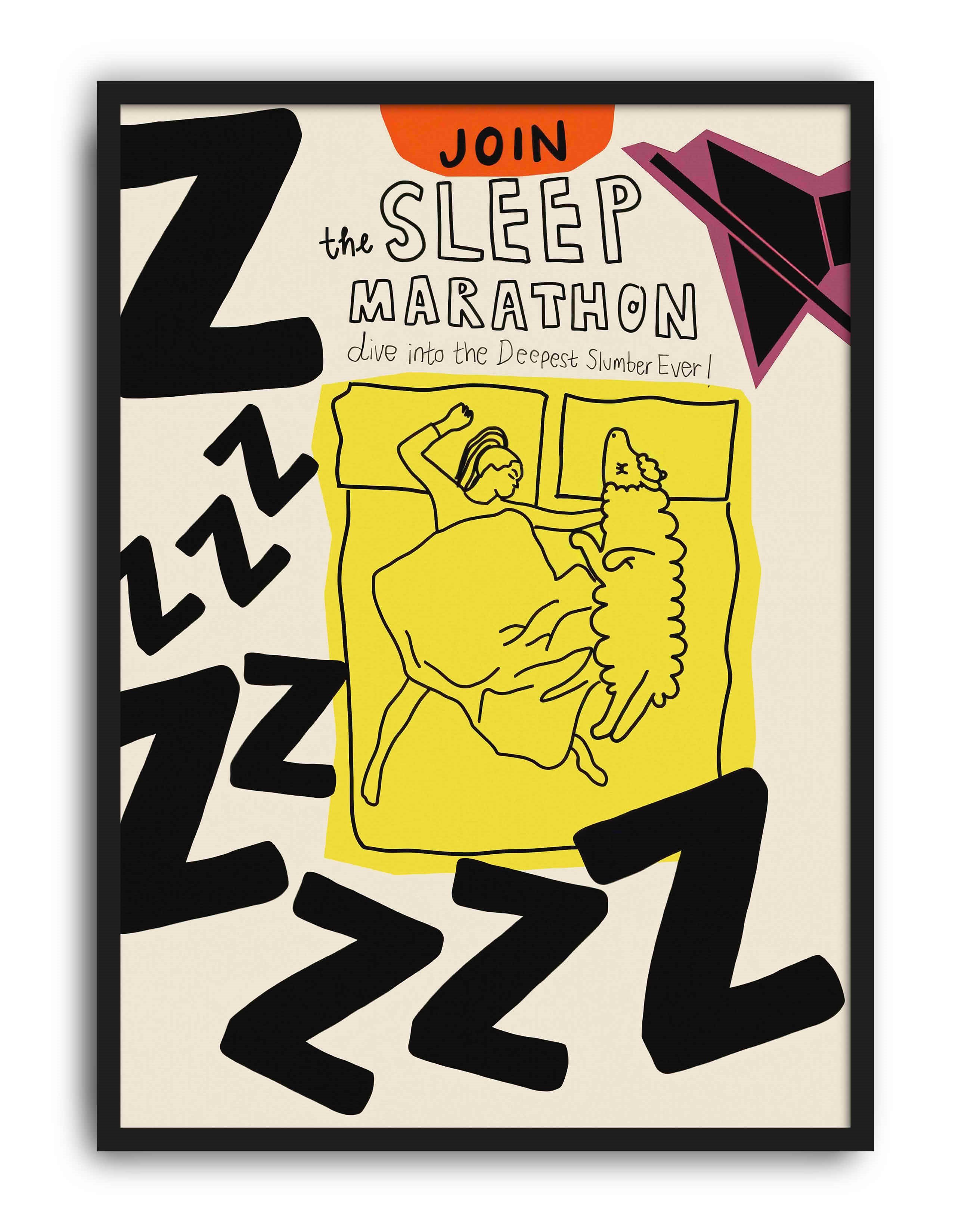 Sleep Marathon Sarı Figüratif Duvar Tablosu - Tipografik Poster