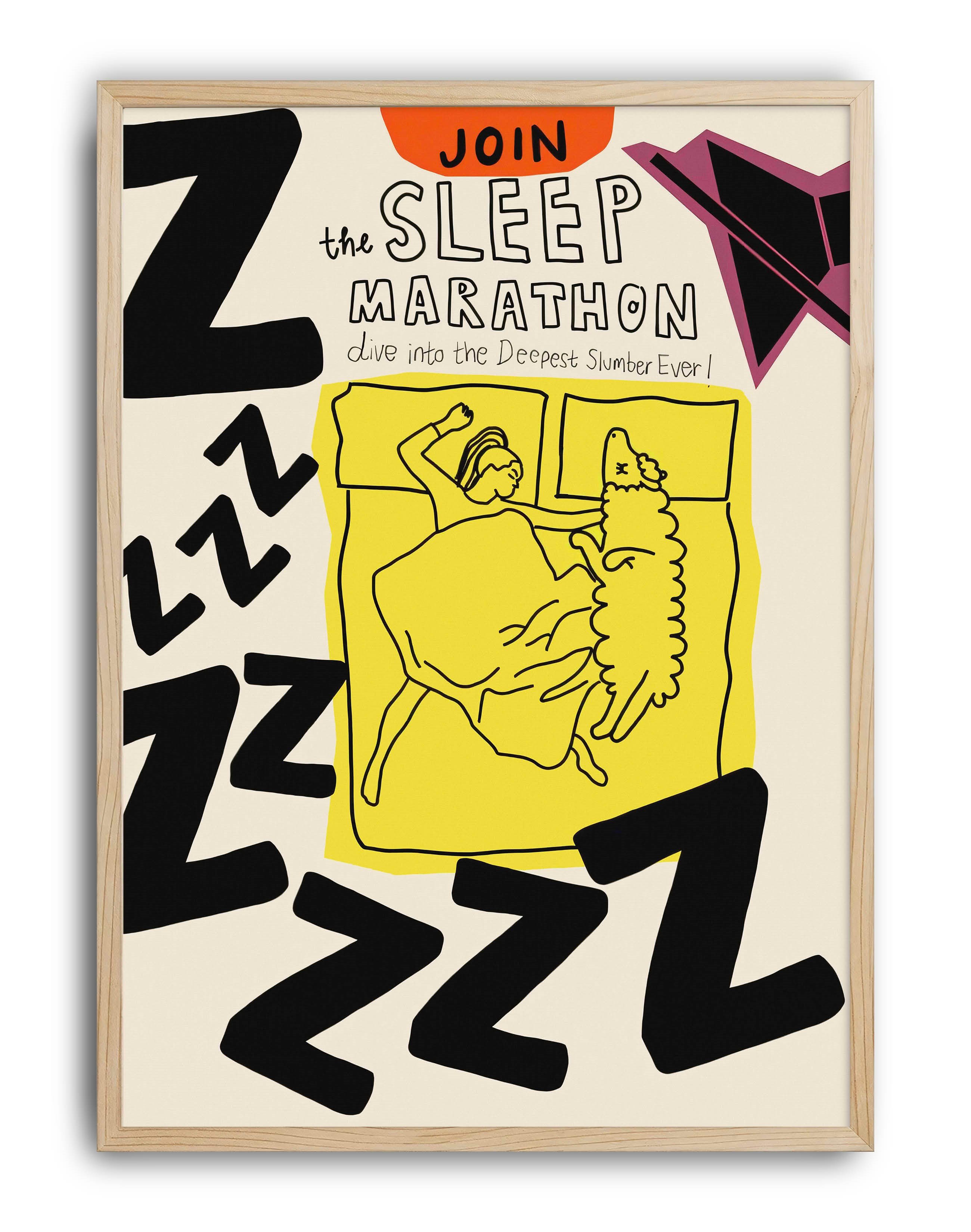Sleep Marathon Sarı Figüratif Duvar Tablosu - Tipografik Poster