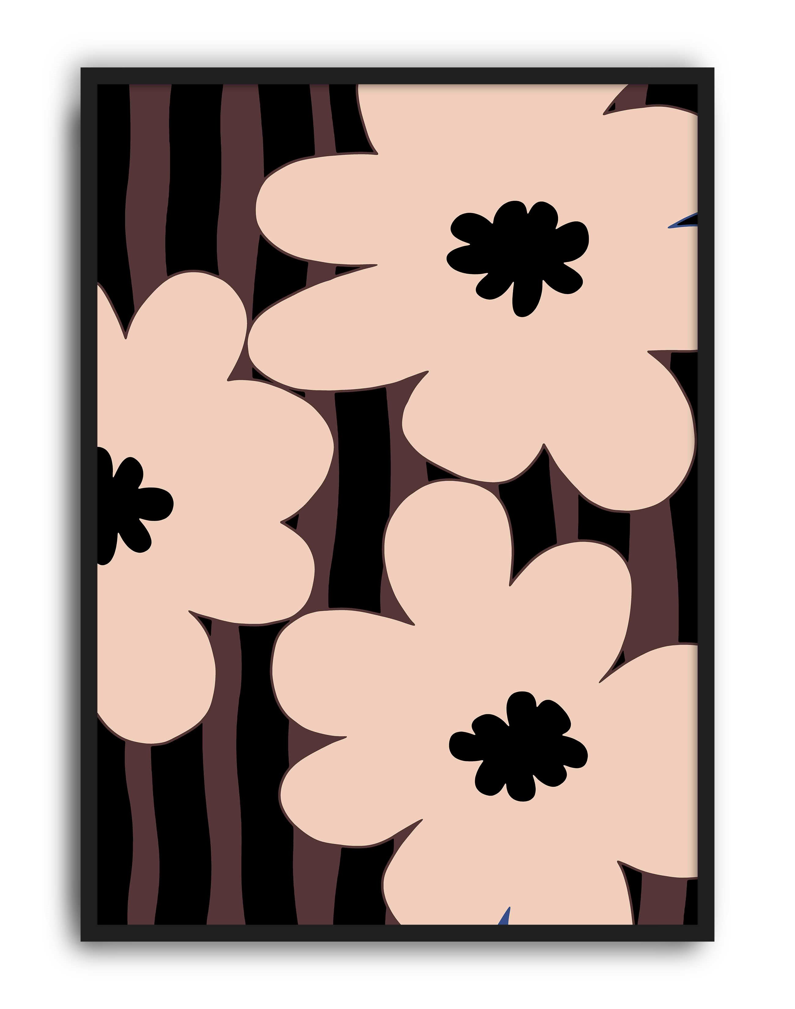 Soft Bloom Pembe Siyah Retro Çiçek Desenli Duvar Tablosu