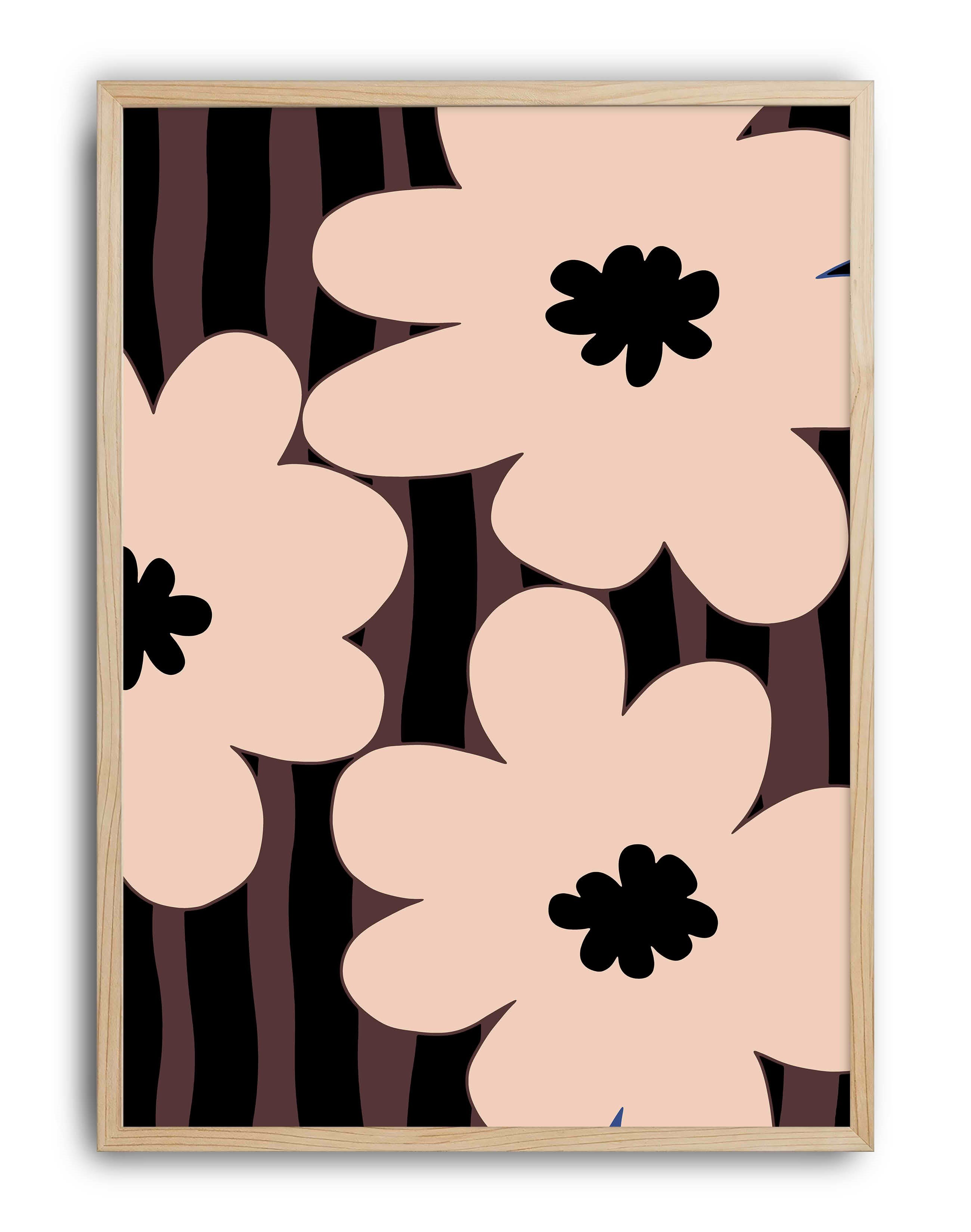 Soft Bloom Pembe Siyah Retro Çiçek Desenli Duvar Tablosu