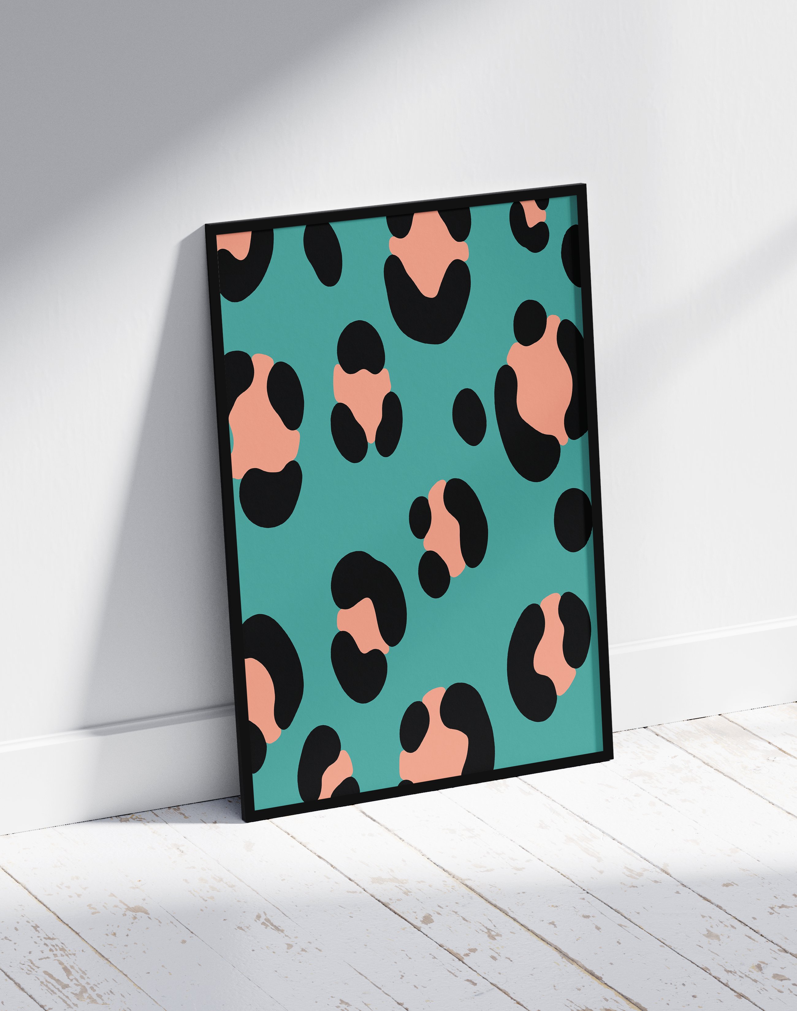 Soft Leopard Modern Duvar Tablosu – Turkuaz Siyah Desenli Poster