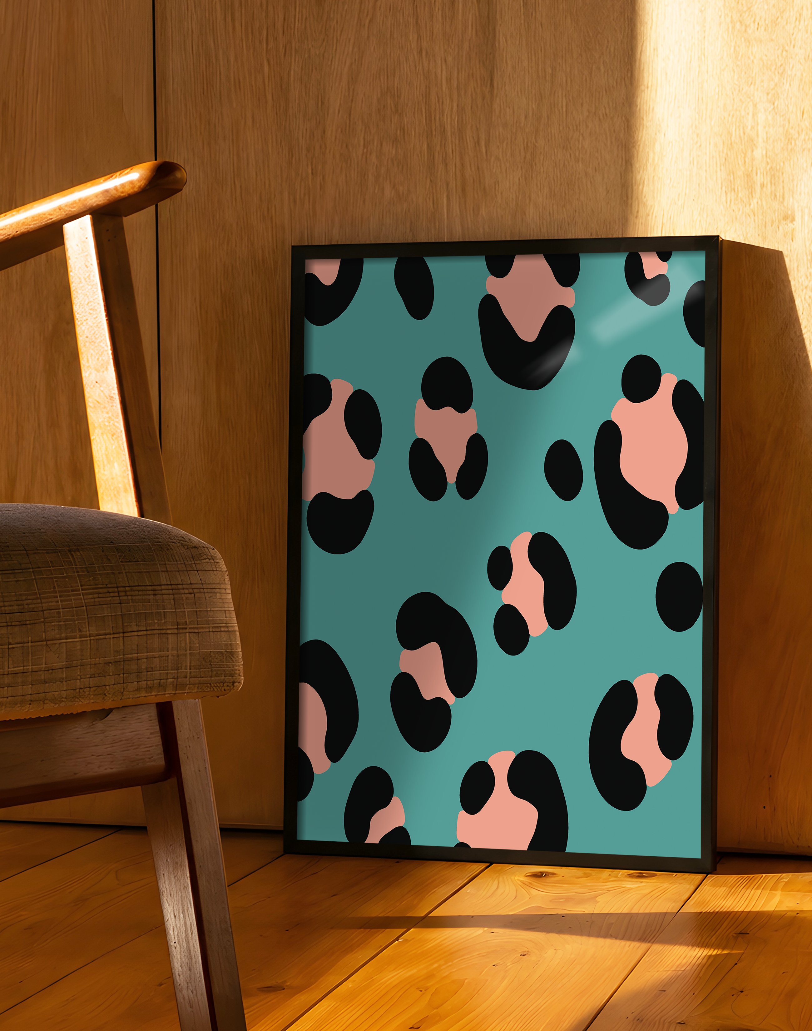 Soft Leopard Modern Duvar Tablosu – Turkuaz Siyah Desenli Poster
