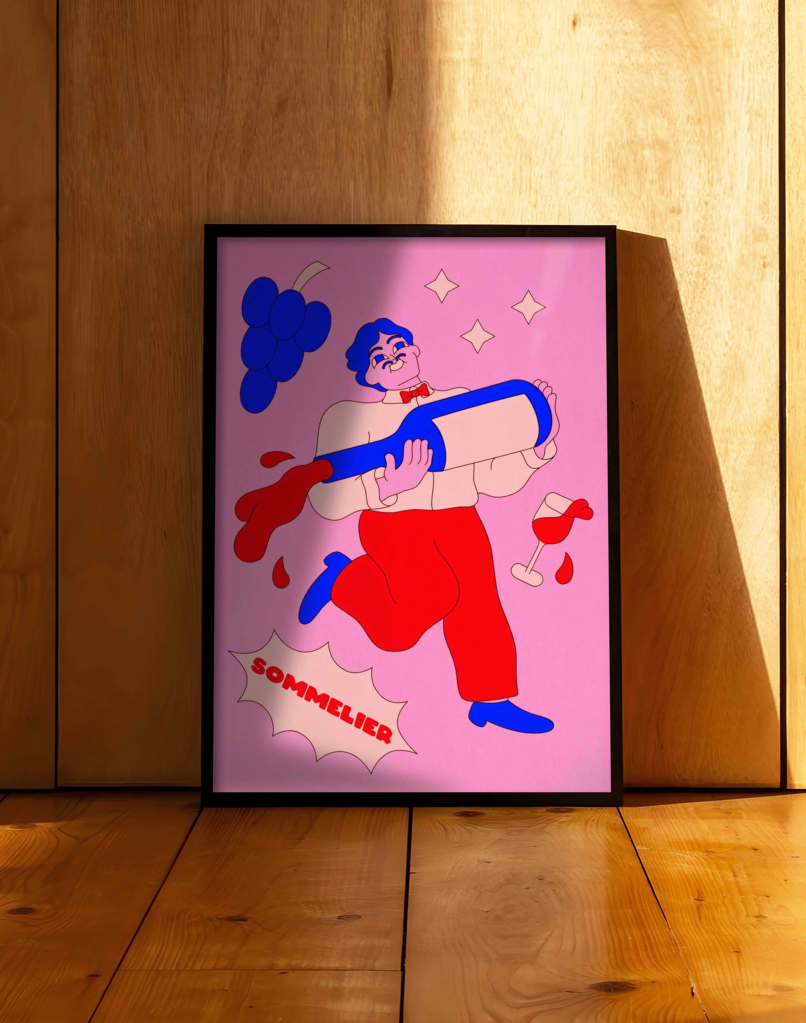 Sommelier Modern Duvar Tablosu - Pembe Kırmızı Şarap Figüratif Poster