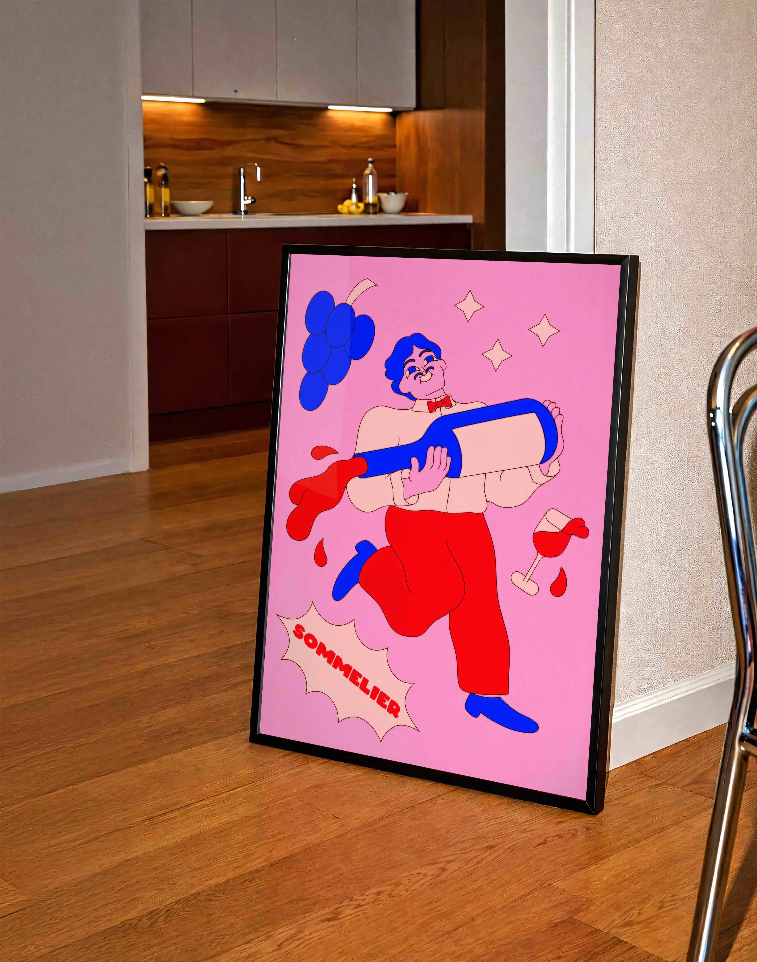 Sommelier Modern Duvar Tablosu - Pembe Kırmızı Şarap Figüratif Poster