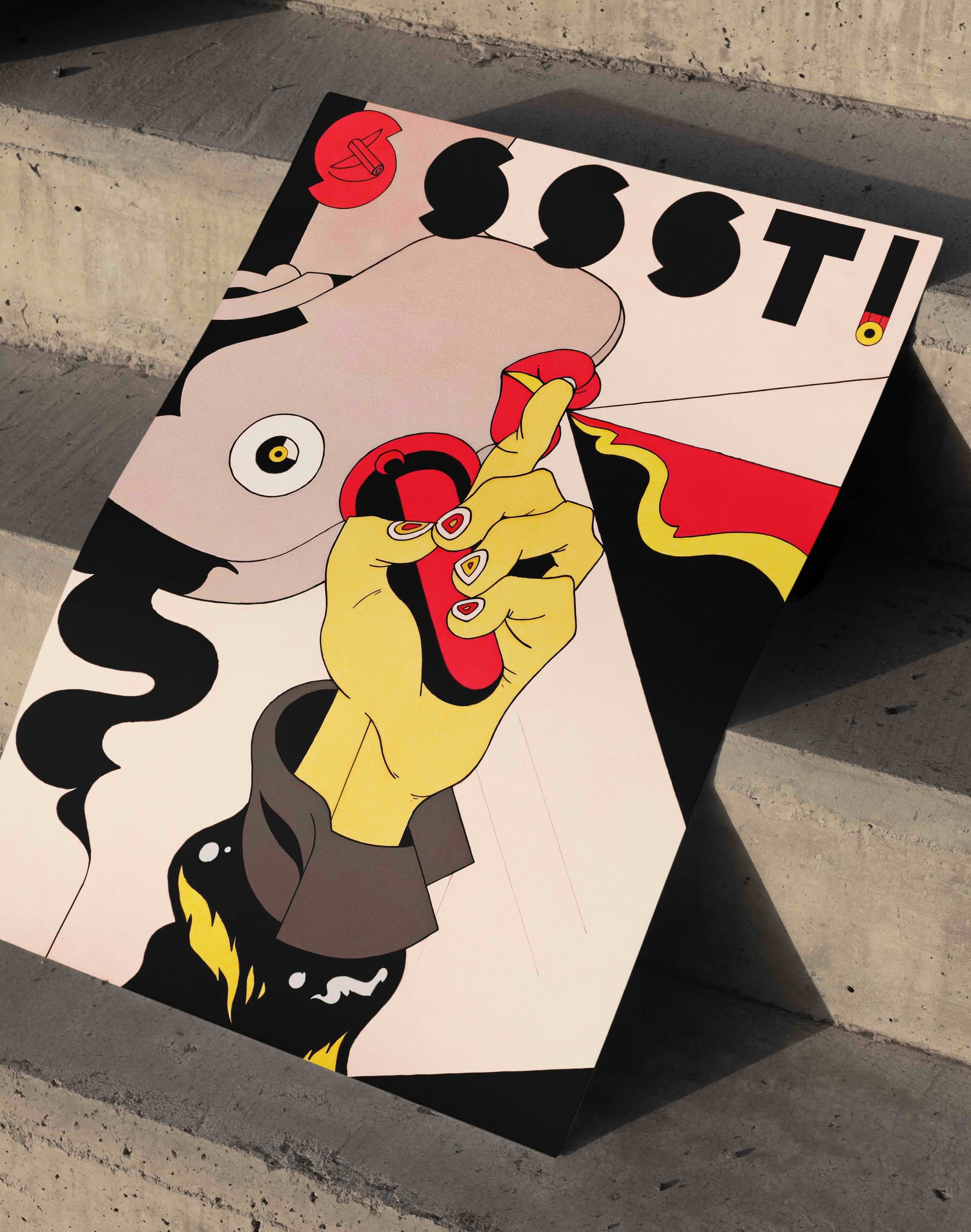 Sssst Lipstick Modern Duvar Tablosu - Kırmızı Siyah Pop Art İllüstrasyon Poster