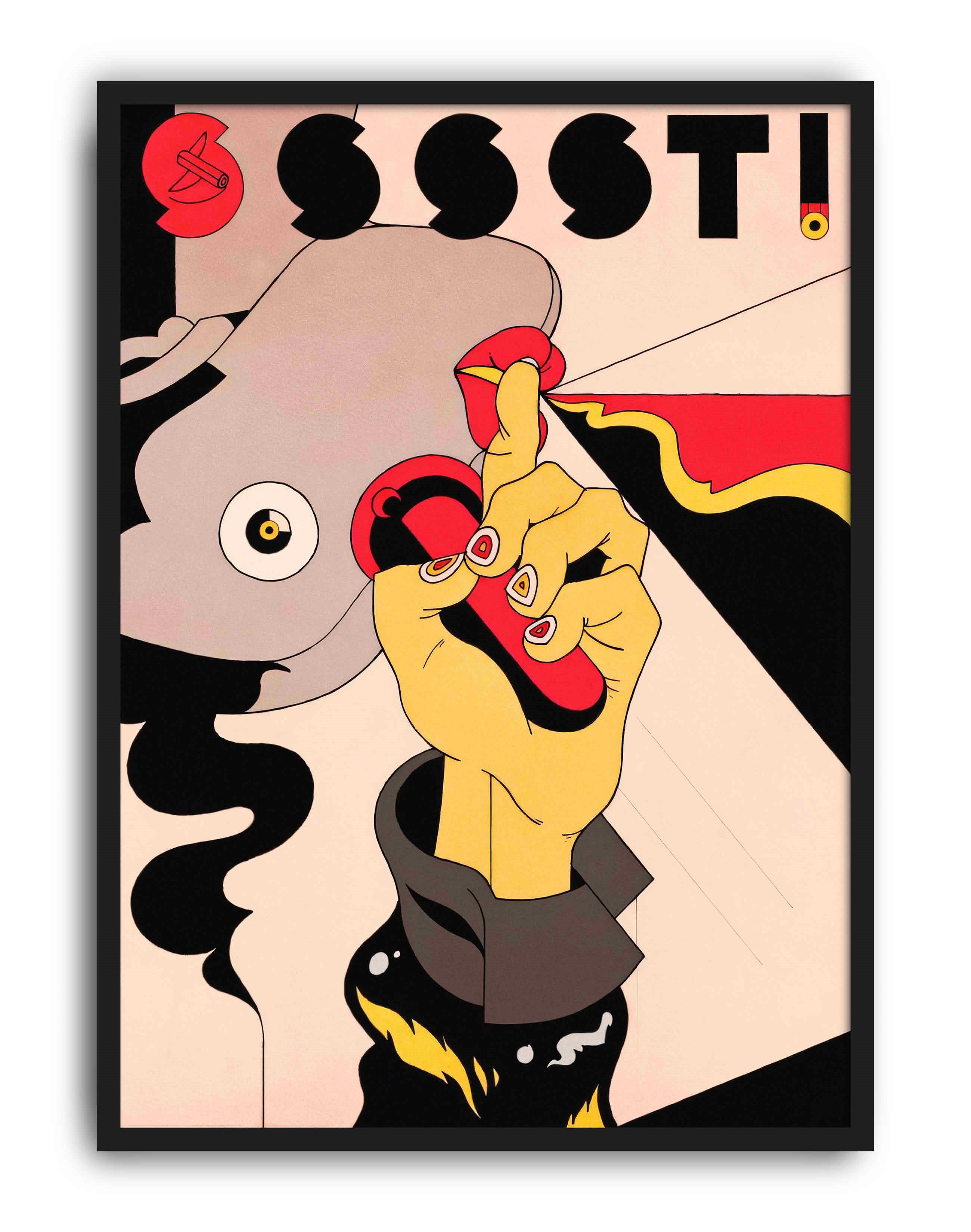 Sssst Lipstick Modern Duvar Tablosu - Kırmızı Siyah Pop Art İllüstrasyon Poster