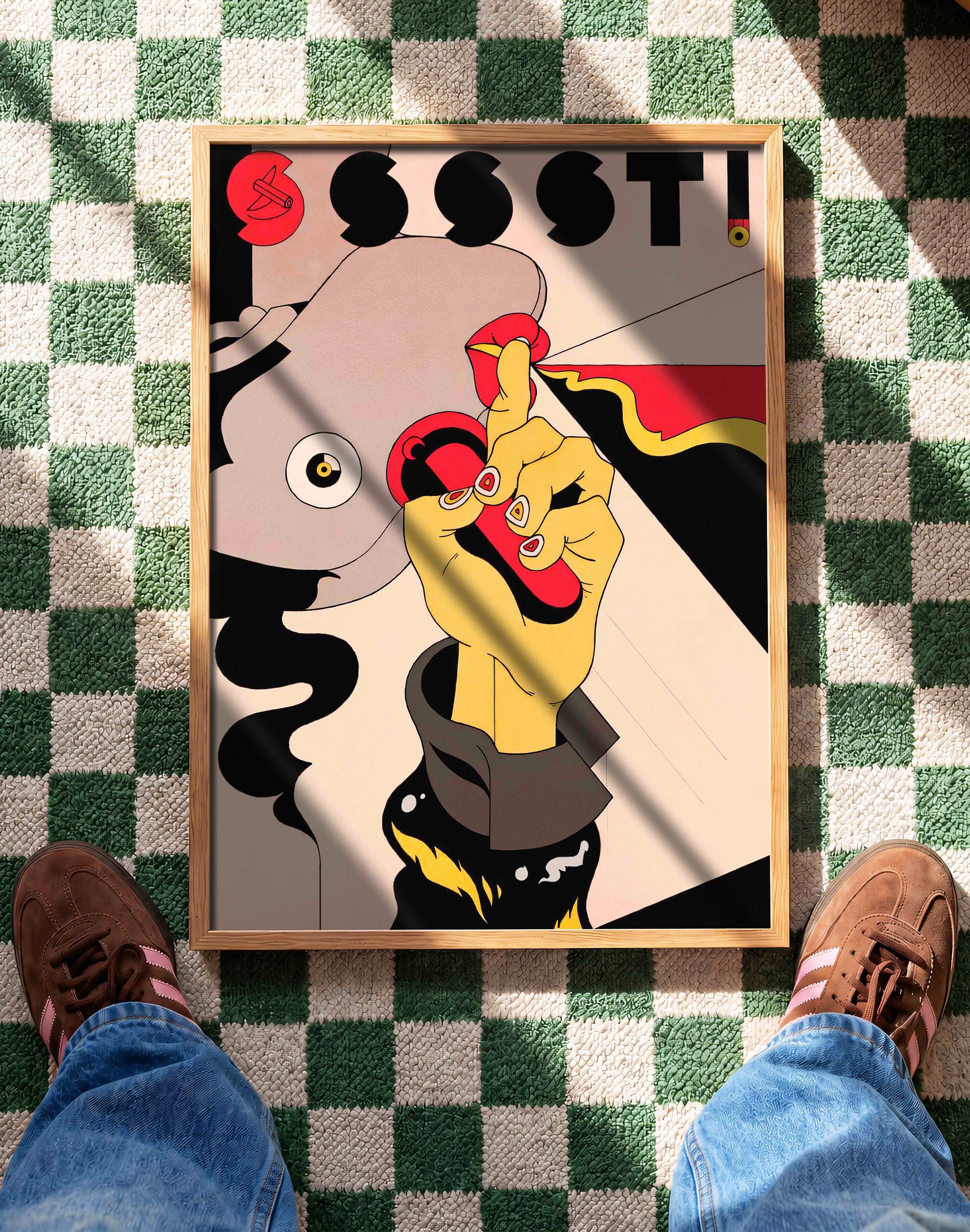 Sssst Lipstick Modern Duvar Tablosu - Kırmızı Siyah Pop Art İllüstrasyon Poster