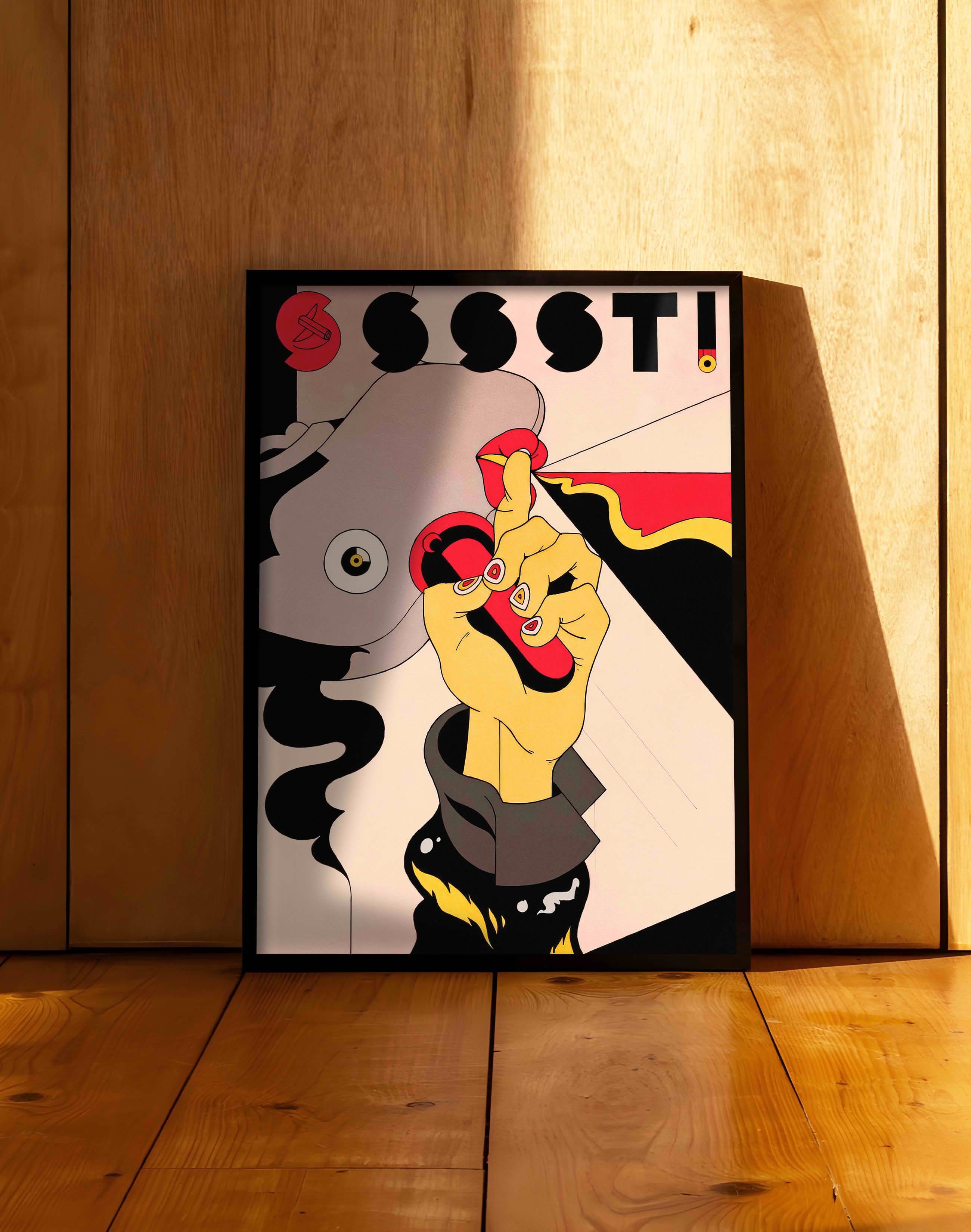 Sssst Lipstick Modern Duvar Tablosu - Kırmızı Siyah Pop Art İllüstrasyon Poster