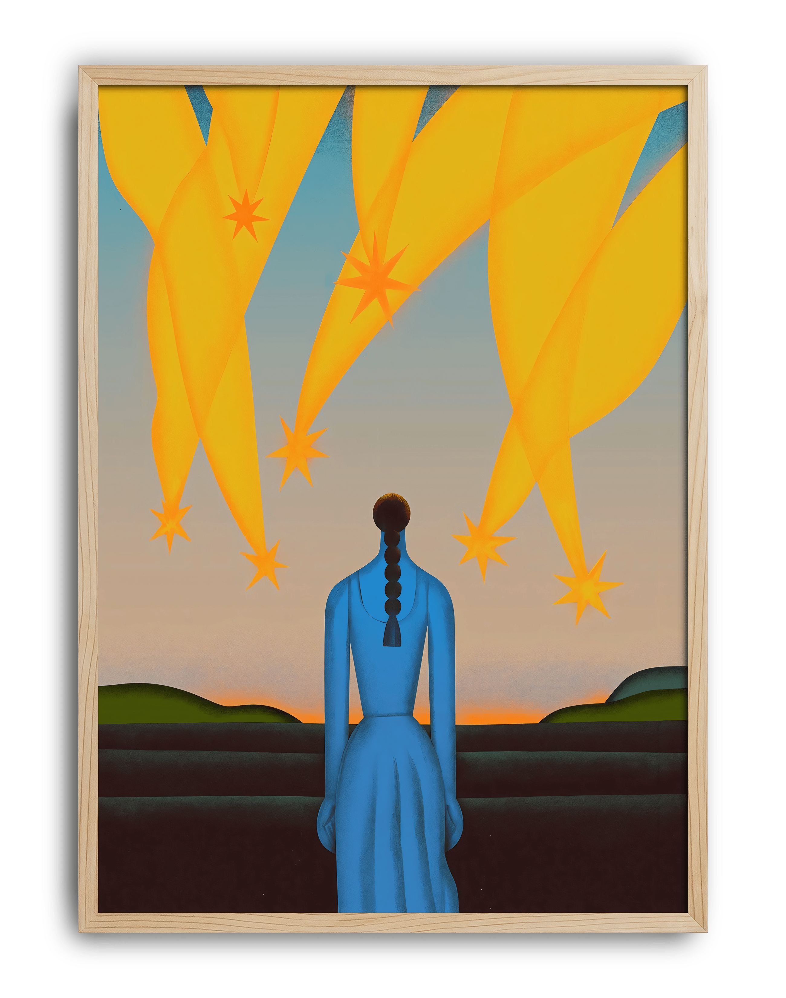 Starfall Dream Modern Duvar Tablosu – Mavi Figürlü Sürreal Gökyüzü Poster